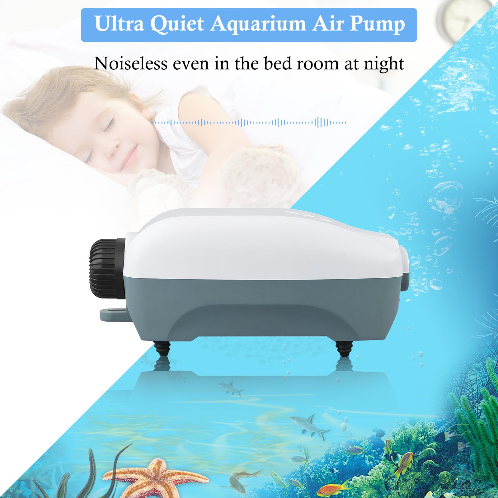 HITOP Dual Outlet Aquarium Electric Air Pump, Whisper Adjustable Fish Tank Aerator, Quiet Oxygen Pump with Accessories for 20 to 100 Gallon