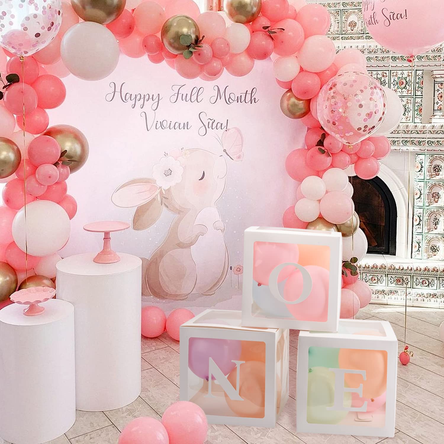 TECKED First Birthday Decorations For Boy Or Girl, 3 Pcs ONE Balloon Boxes For 1st Birthday, Baby Clear Blocks Party Decor With ONE Letters For Photoshoot Props, Cake Smash Backdrop