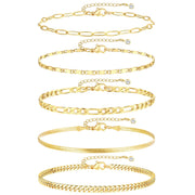 iF YOU Gold Ankle Bracelets for Women, 14k Gold Plated Waterproof Cuban Link Chain Anklets Set, Layered Anklet Bracelets for Women Beach Gift Adjustable Size 5pc