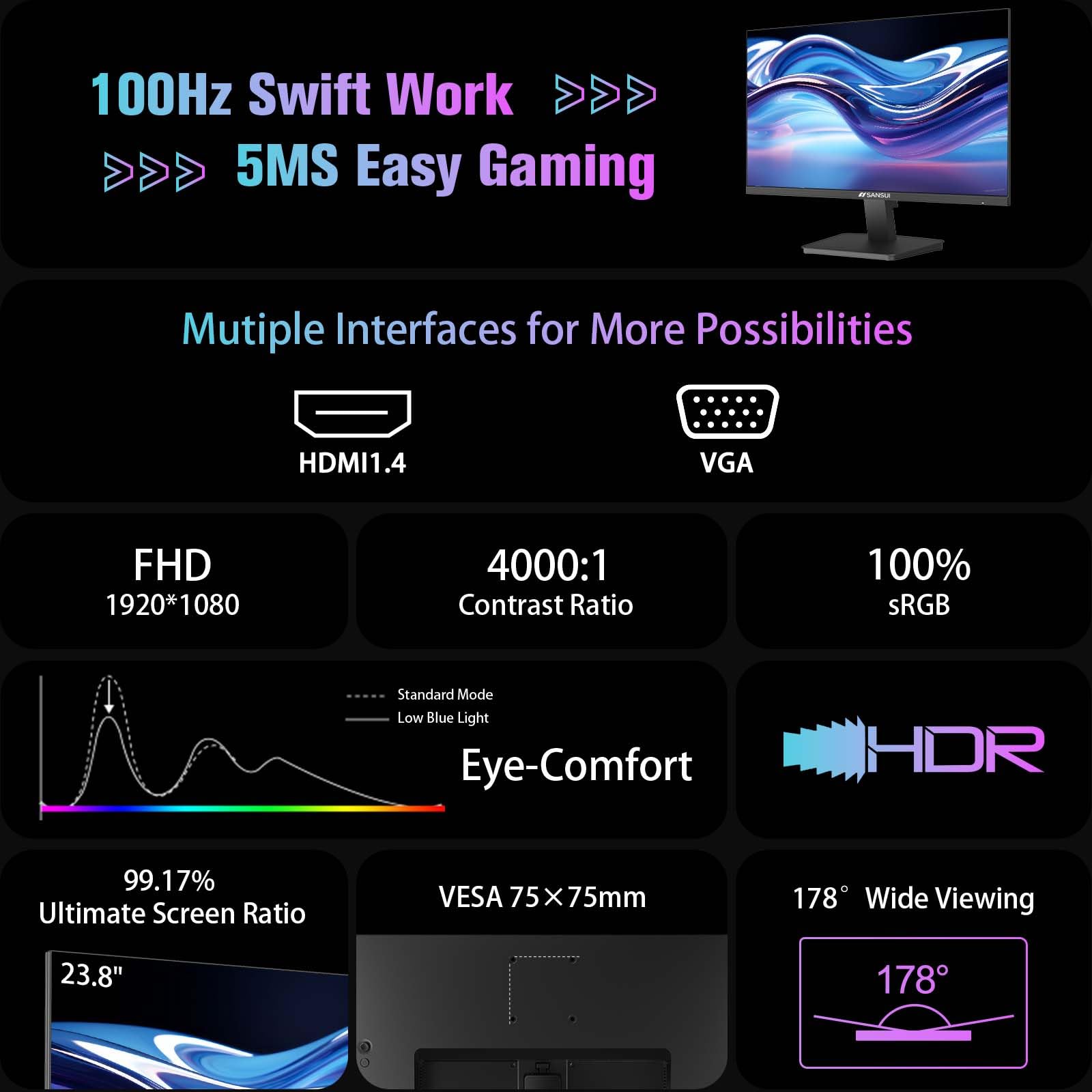 SANSUI Monitor 24 inch 100Hz Computer Monitor丨FHD 1080P PC Monitor丨HDMI丨FreeSync丨HDR丨Earphone Jack丨 Ergonomic Tilt for Home and Office