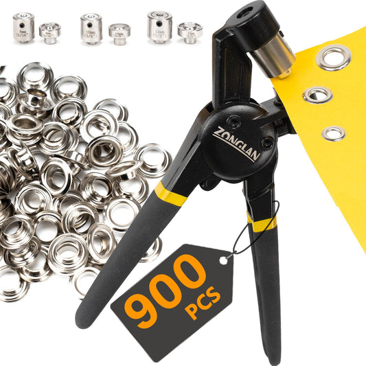 zonglan Heavy Duty Grommet Tool Kit of 1/2" 5/16" and 3/8",Multi Size Handheld Eyelet Tool Plier Rivet Press with 900 pcs Silver Grommets for Tarp Leather Fabric