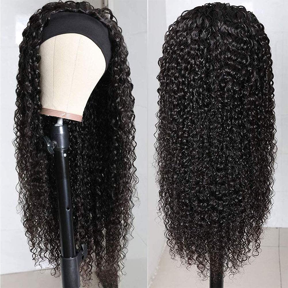 XSY Headband Wig Human Hair Deep Wave 16 Inch Curly Headband Wig Glueless None Lace Front Wigs for Black Women Half Wigs 150% Density Natural Color