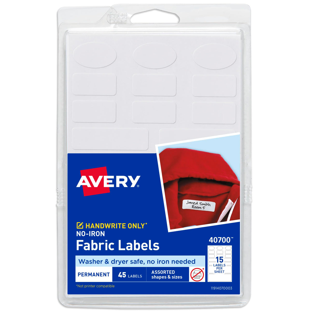 Avery Bügelfreie Stoffetiketten, verschiedene Formen und Größen, Waschmaschinen- und Trocknergeeignete wasserdichte Etiketten, Nicht bedruckbar, 45 Stück insgesamt (40700)