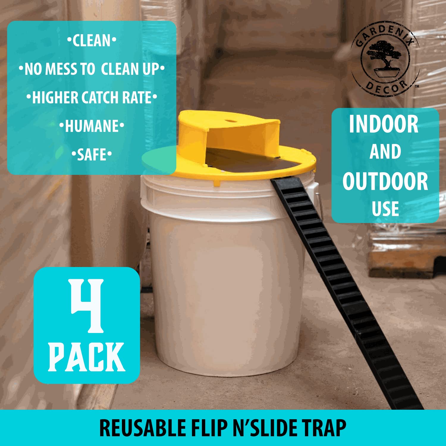 Mouse Trap Bucket- 5 Gallon Bucket Lid Mouse Rat Trap 4 Pack - Automatic Reset Flip and Slide Mouse Trap - Humane Mouse Rat Traps for Indoor Outdoor Use - Reusable Mouse Trap
