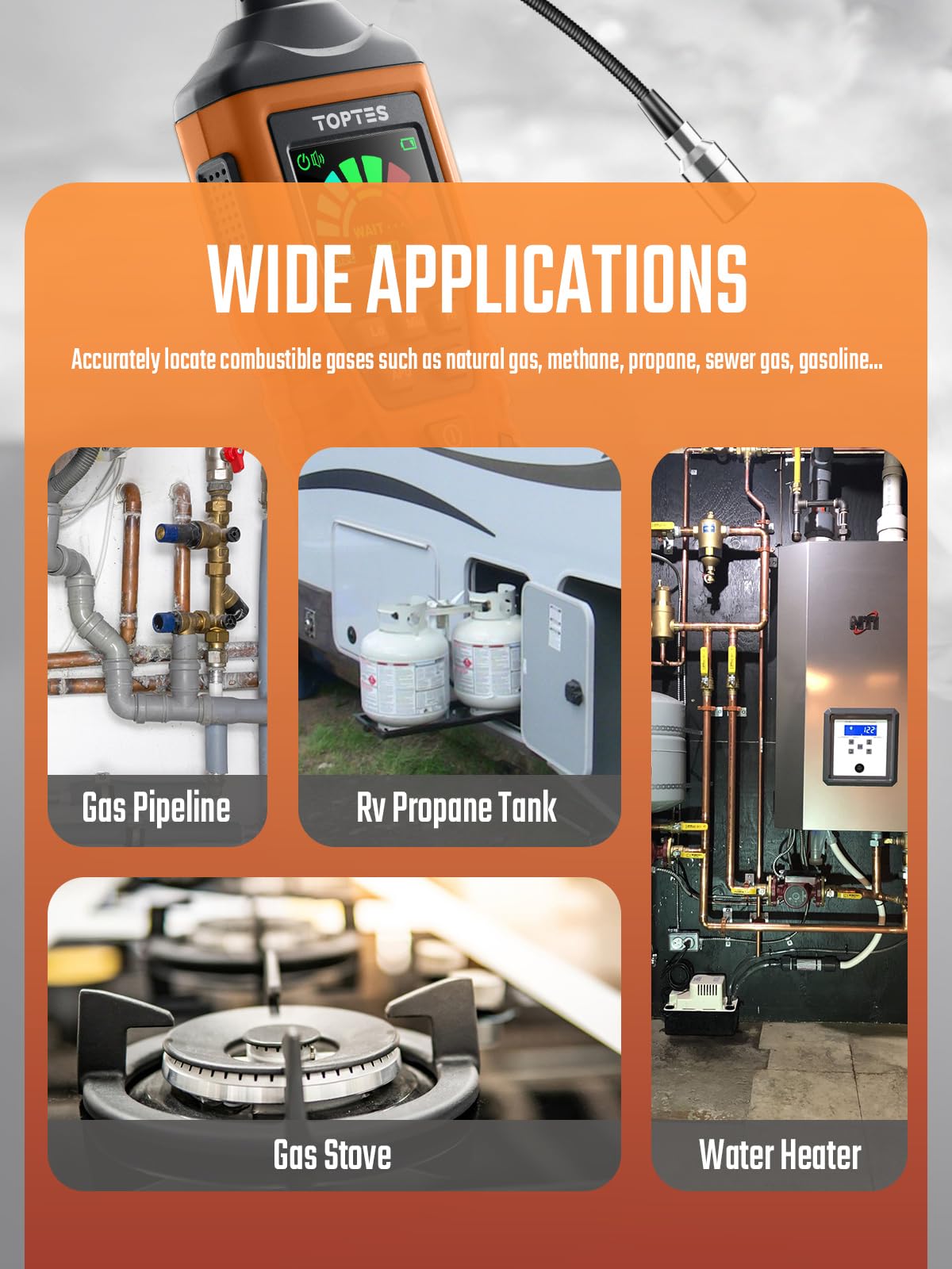 PT520A Natural Gas Detector, Gas Leak Detector with 17-Inch Gooseneck, Locating The Source Like Propane, Methane, and Butane for Home and RV (Includes Battery x3) - Orange