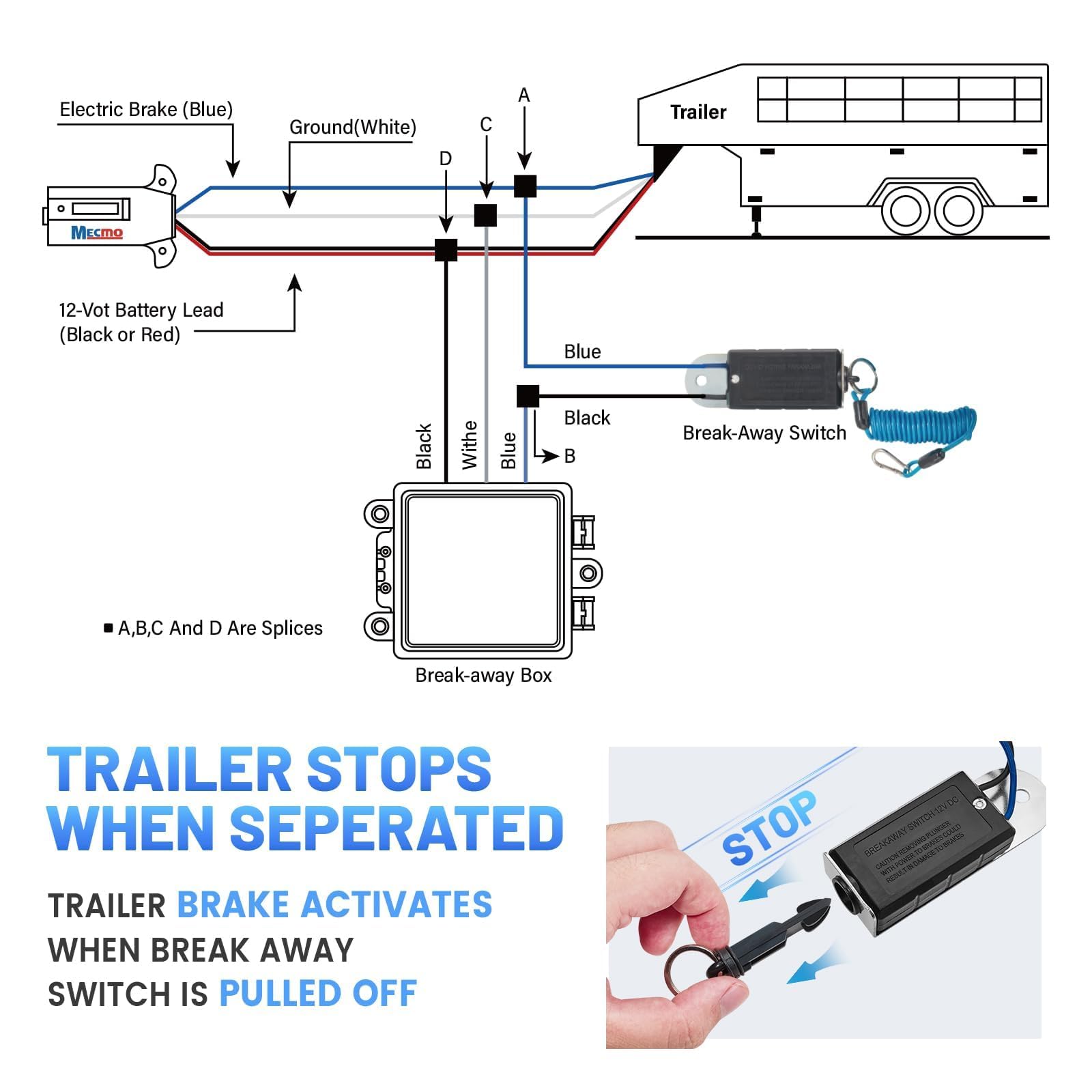 MECMO Trailer Breakaway Switch 4ft Brake Away Coiled Cable Large Carabiner, RV Camper Trailer Emergency Electric Break Switch with 4 Feet Stainless Steel Spring Towing Wire Safety Lanyard w/Pull Pin