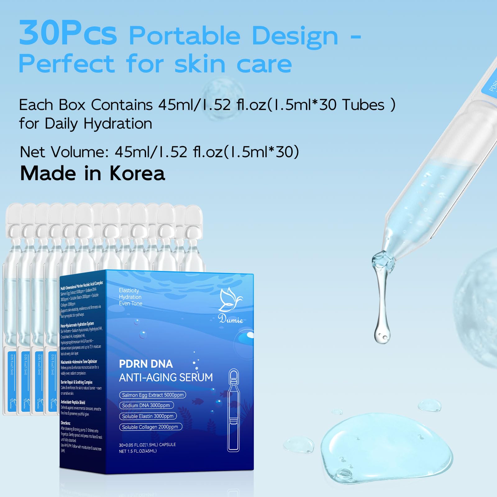 Salmon DNA PDRN Anti-Aging Serum, 5000ppm Salmon Egg DNA Ampoule, 2000ppm Collagen, Glutathione, Niacinamide & 6 Hyaluronic Acids, Korean Skincare for Wrinkles & Radiance,0.05 fl.oz x 30e