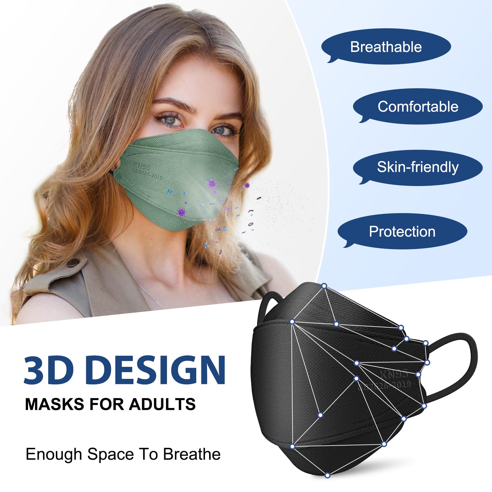 FENFEN KN95 Face Masks Disposable Adults - 50 Pack 5 Layer Protection Dust Breathable Comfortable Respirator Women KN95 Mask Individually Wrapped