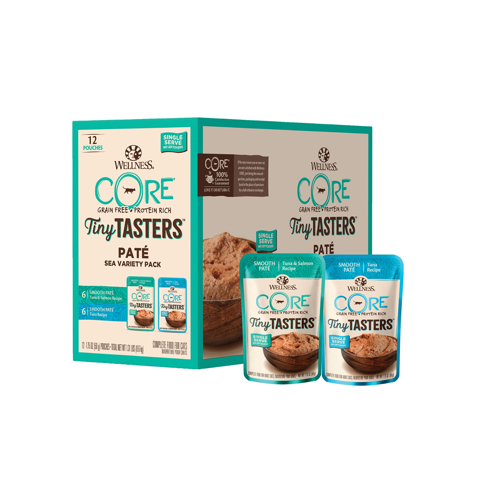 Wellness CORE Tiny Tasters Wet Cat Food Topper, Grain Free, Complete & Balanced Nutrition Made with Real Meat, No-Mess Pouches, (Adult Cat, Land Variety Pack), 1.75 Ounce (Pack of 12)