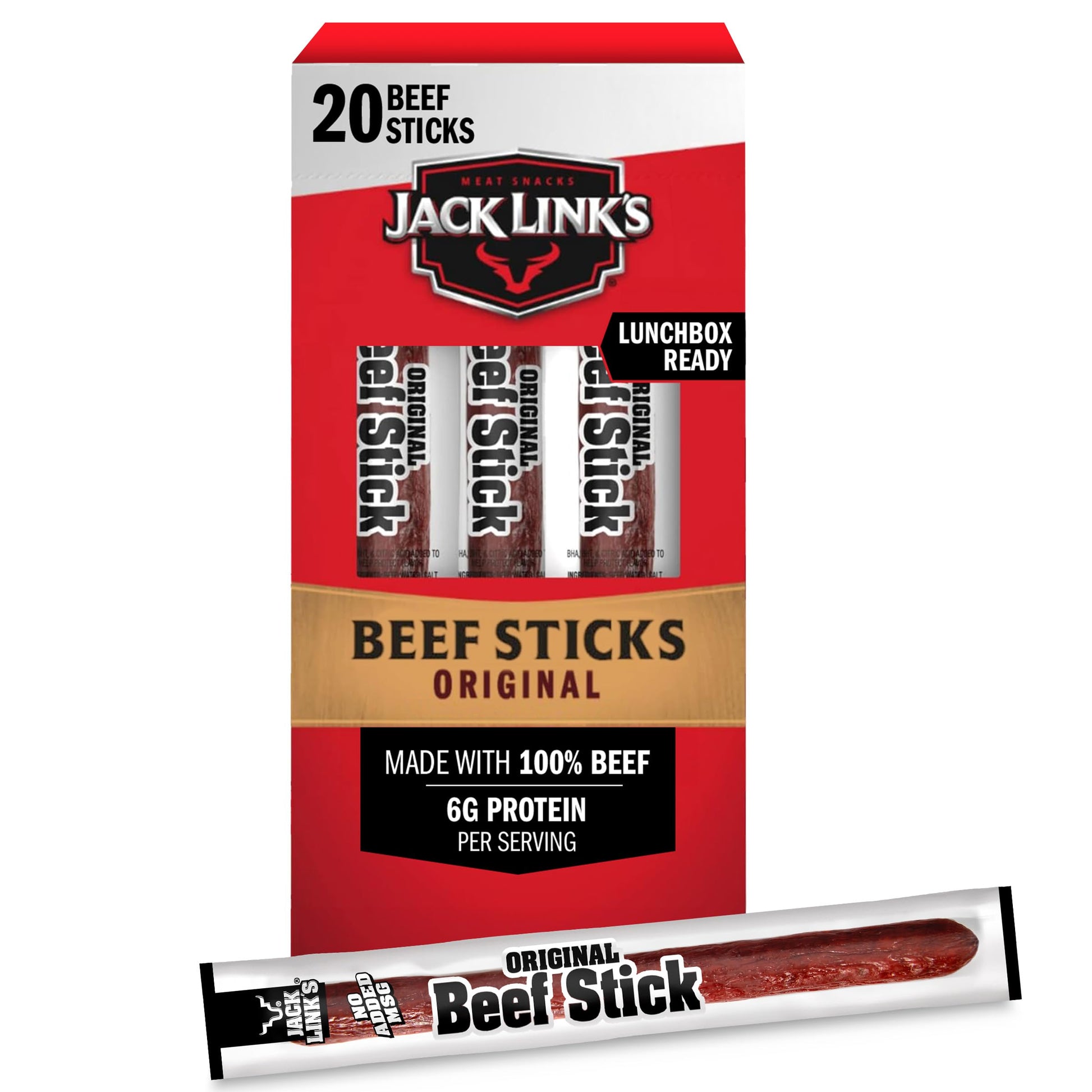 Jack Link's Beef Sticks, Original - Protein Snack, Meat Stick with 6g of Protein, Meat Snack Sticks Made with 100% Beef, Keto Friendly, Individually Wrapped - 0.92 Oz. (20 Count)