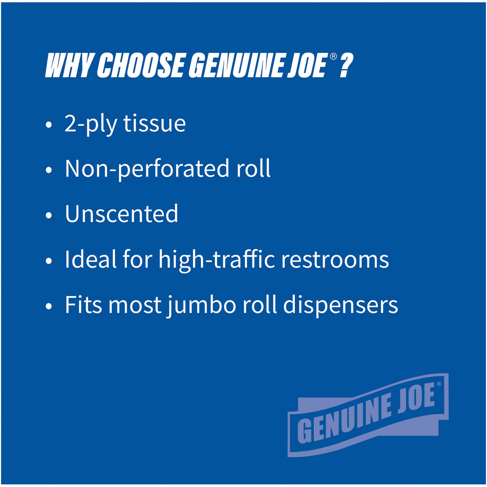Genuine Joe Jumbo Roll Bath Tissue - 2-Ply White Toilet Paper, 3.3" x 650' per Roll, 12 Count Bulk Pack, Recycled Fiber, Commercial Grade for Dispensers