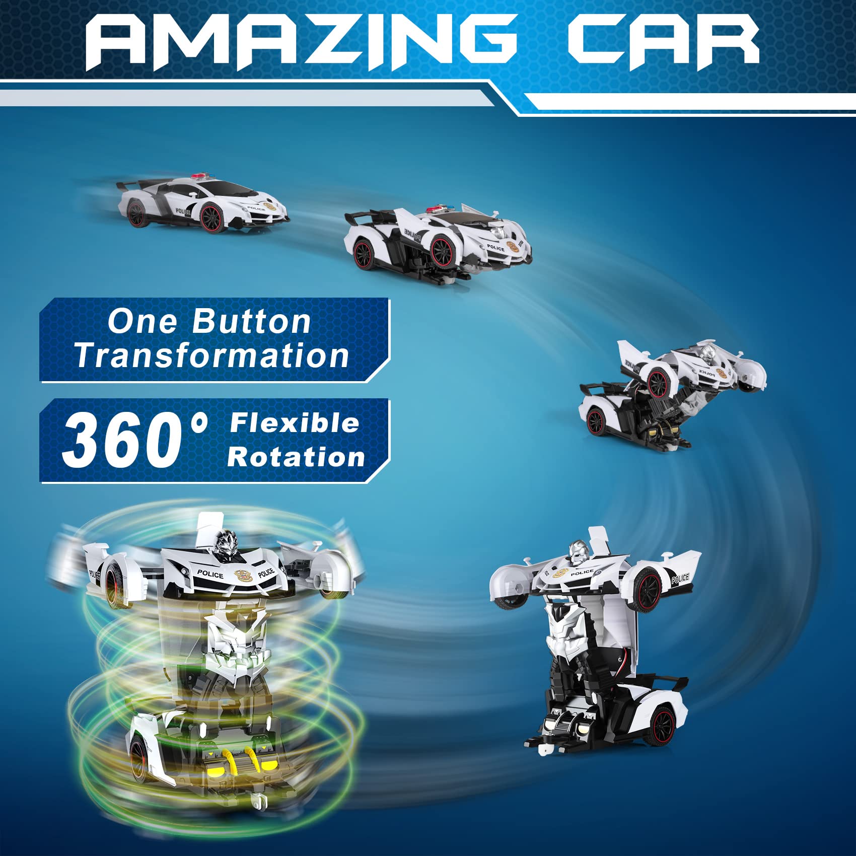 FDJ Remote Control Car - Transform Toys Car Robot, One Button Deformation to Robot with Flashing Light, 2.4Ghz 1:18 Scale Transforming Police Car Kids Toys with 360 Degree Rotating, Girls Boys Toys
