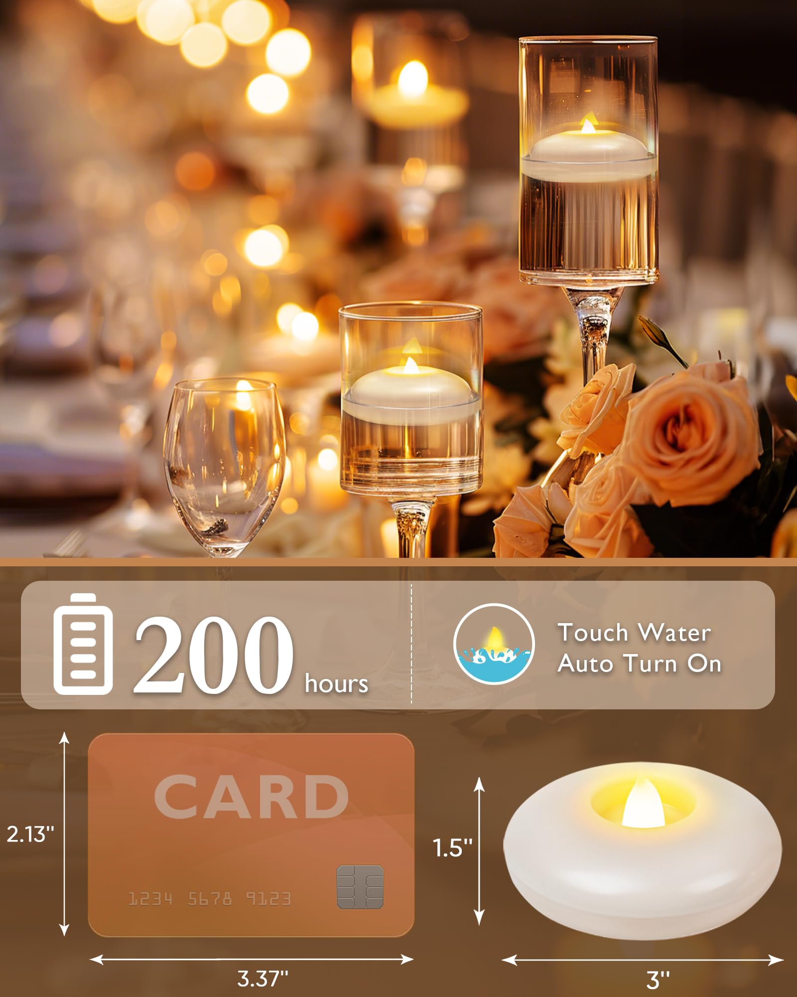 Homemory 24 Pack 3” Flameless Led Floating Candles, 200 Hour White Battery Operate Waterproof Tealights for Cylinder Vases, Centerpieces at Wedding Decor, Party, Pool