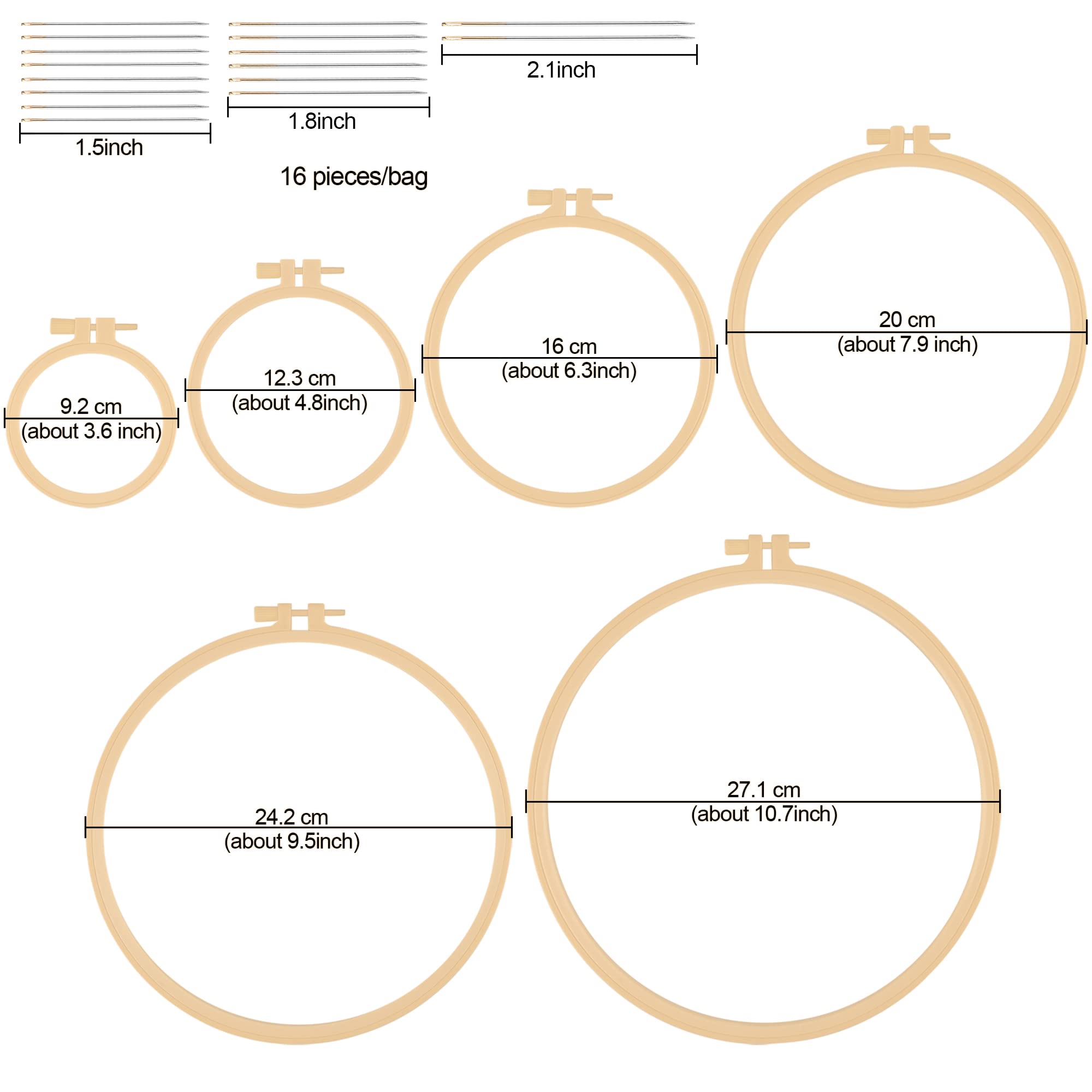 6 Pcs Embroidery Hoop 6 Size, Round Plastic Cross Stitch Hoop with 16 Needles (3.6In to 10.7 in), Small Embroidery Hoop, Cross Stitch Hoops and Frames, Suitable for Embroidery, Craft Sewing