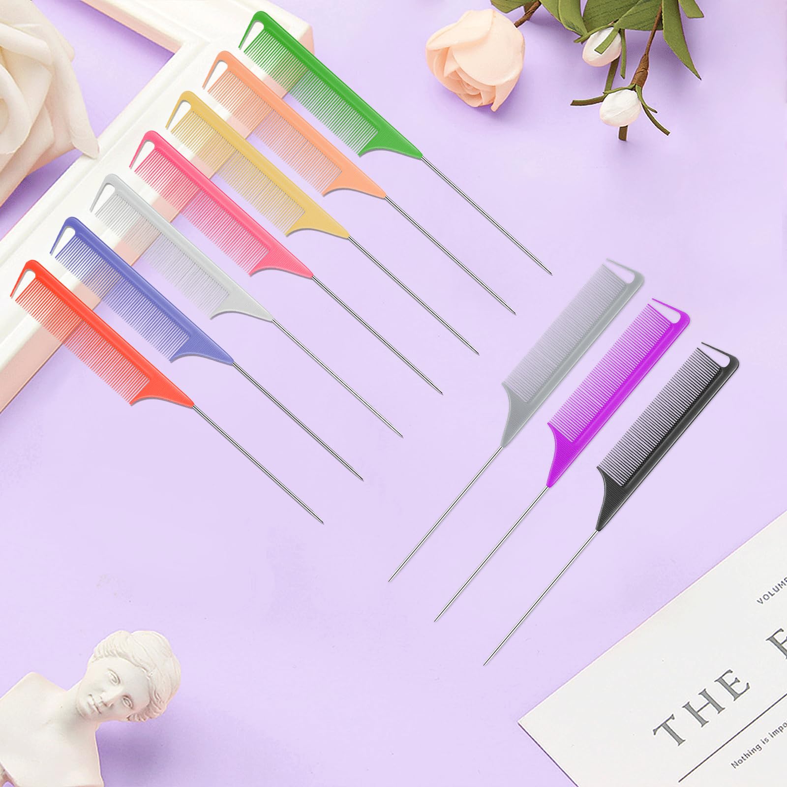 10 PCS Rat Tail Combs Set - Hair Teasing Fine Tooth Comb for Women Girls, Parting Comb for Braiding Hair Styling Tools & Appliances with Stainless Steel Pintail Carbon Fiber Heat Resistant