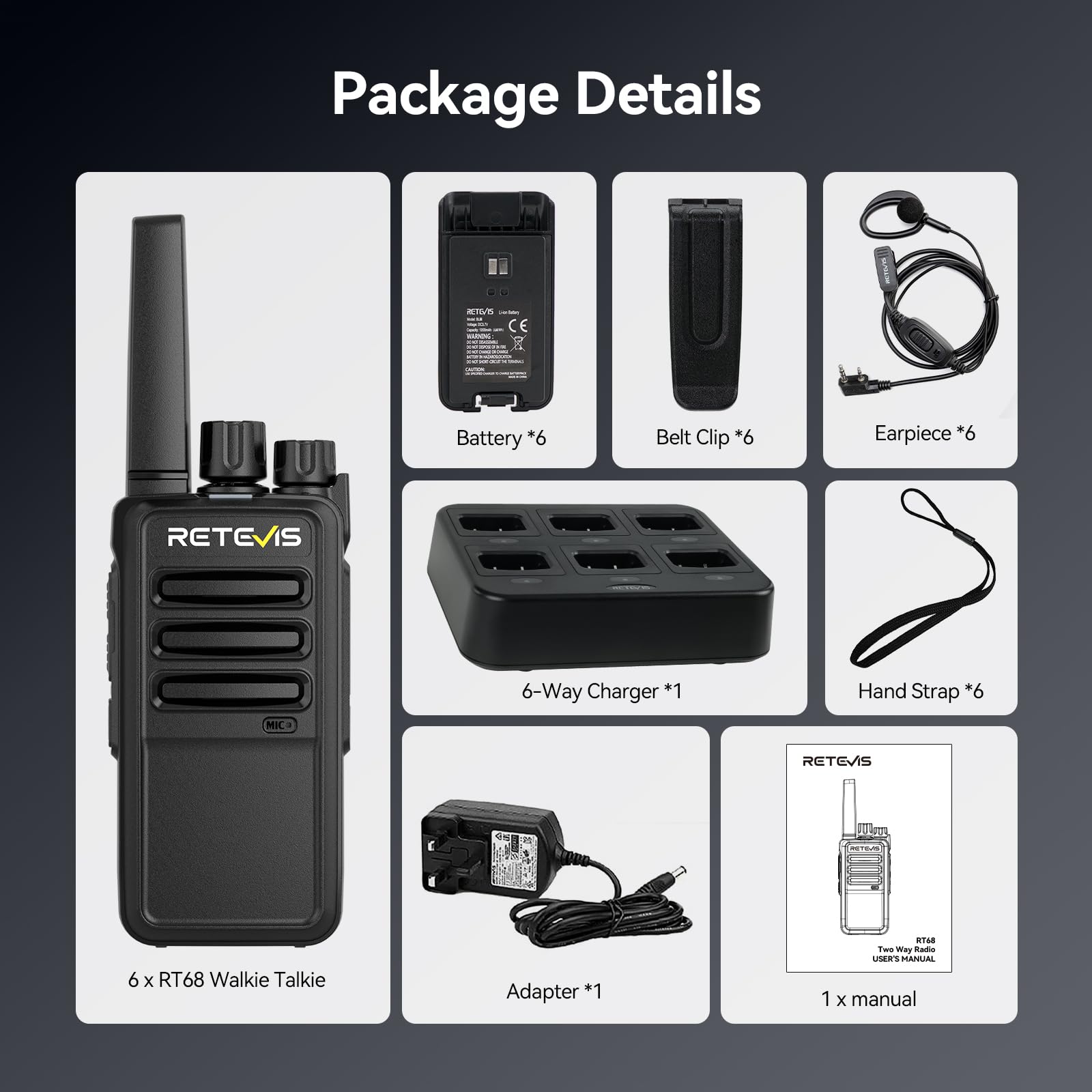 Retevis RT68 Walkie Talkies with Earpiece, Portable FRS Two-Way Radios Rechargeable, with 6 Way Multi Unit Charger, Hands Free, Long Range, Rugged 2 Way Radios 6 Pack for Adults School Church
