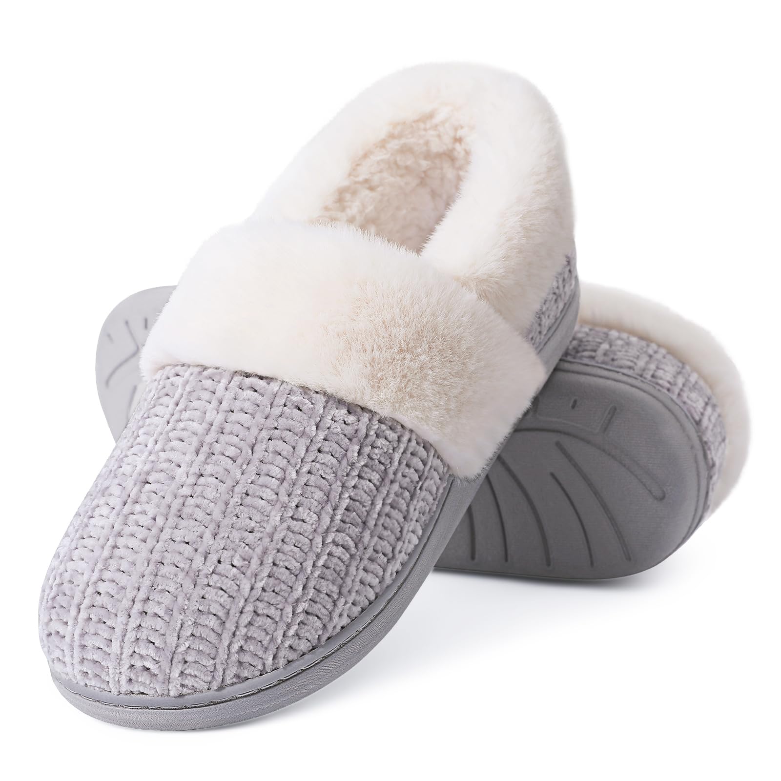 Evshine Women's Fuzzy Memory Foam Closed Back Slippers Chenille Knit Fleece Lined House Shoes, Grey, 40-41 (Size 8.5-9.5)