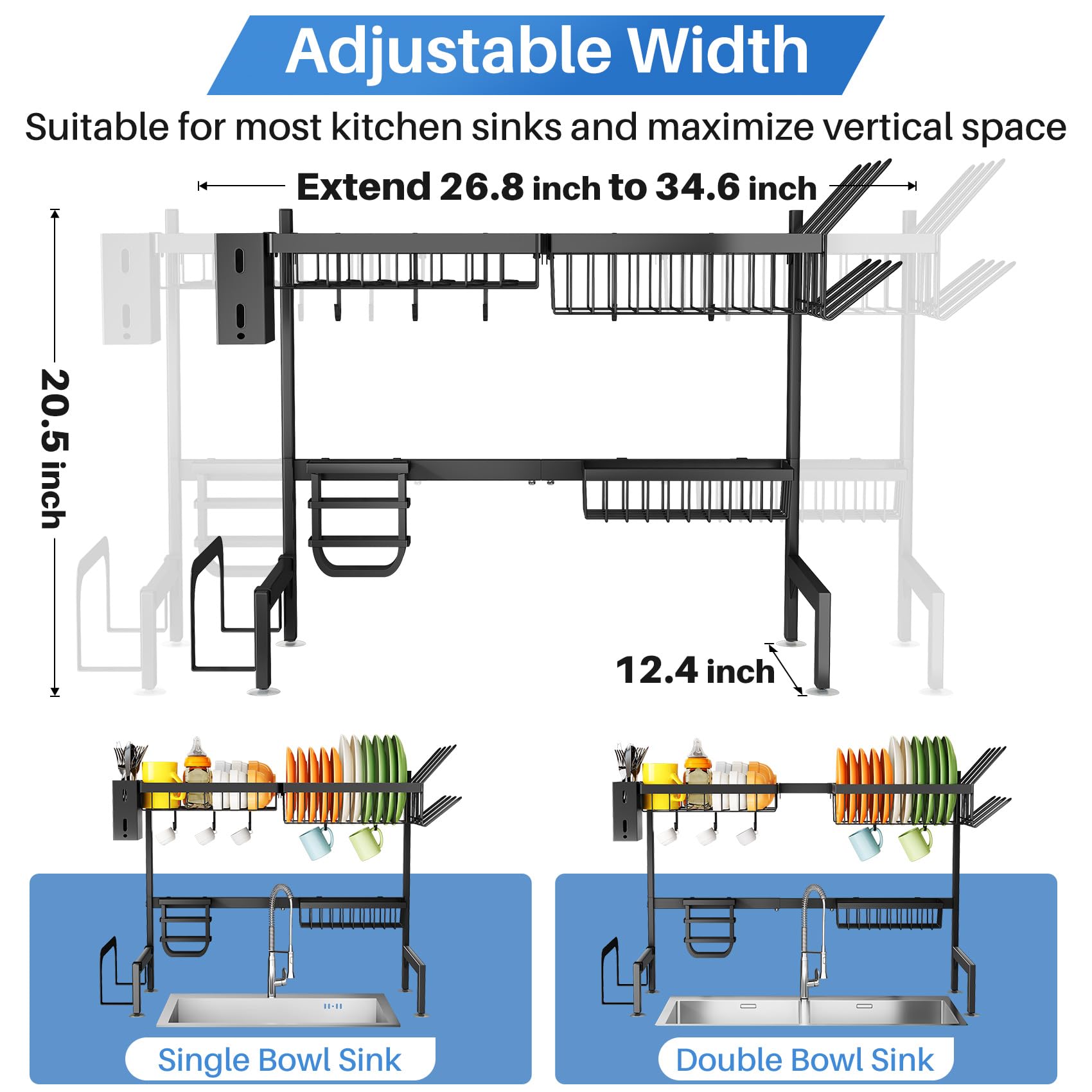 Over The Sink Dish Drying Rack - Adjustable Dish Rack for Kitchen Counter, Metal (Black)