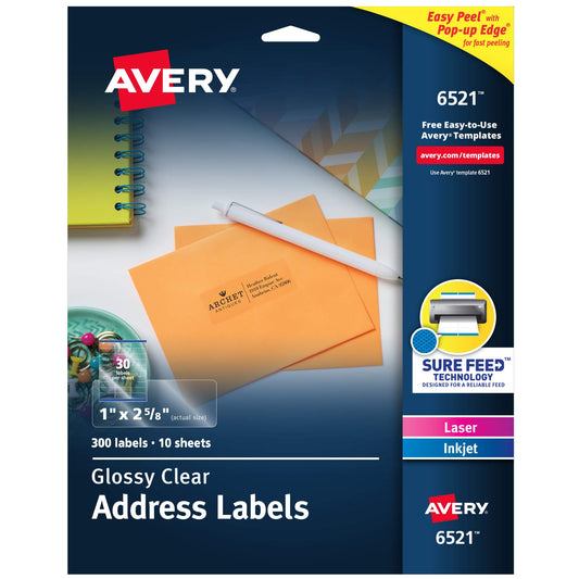 Avery Printable Address Labels with Sure Feed, 1" x 2-5/8", Glossy Clear, 300 Blank Mailing Labels for Laser and Inkjet Printers (6521)