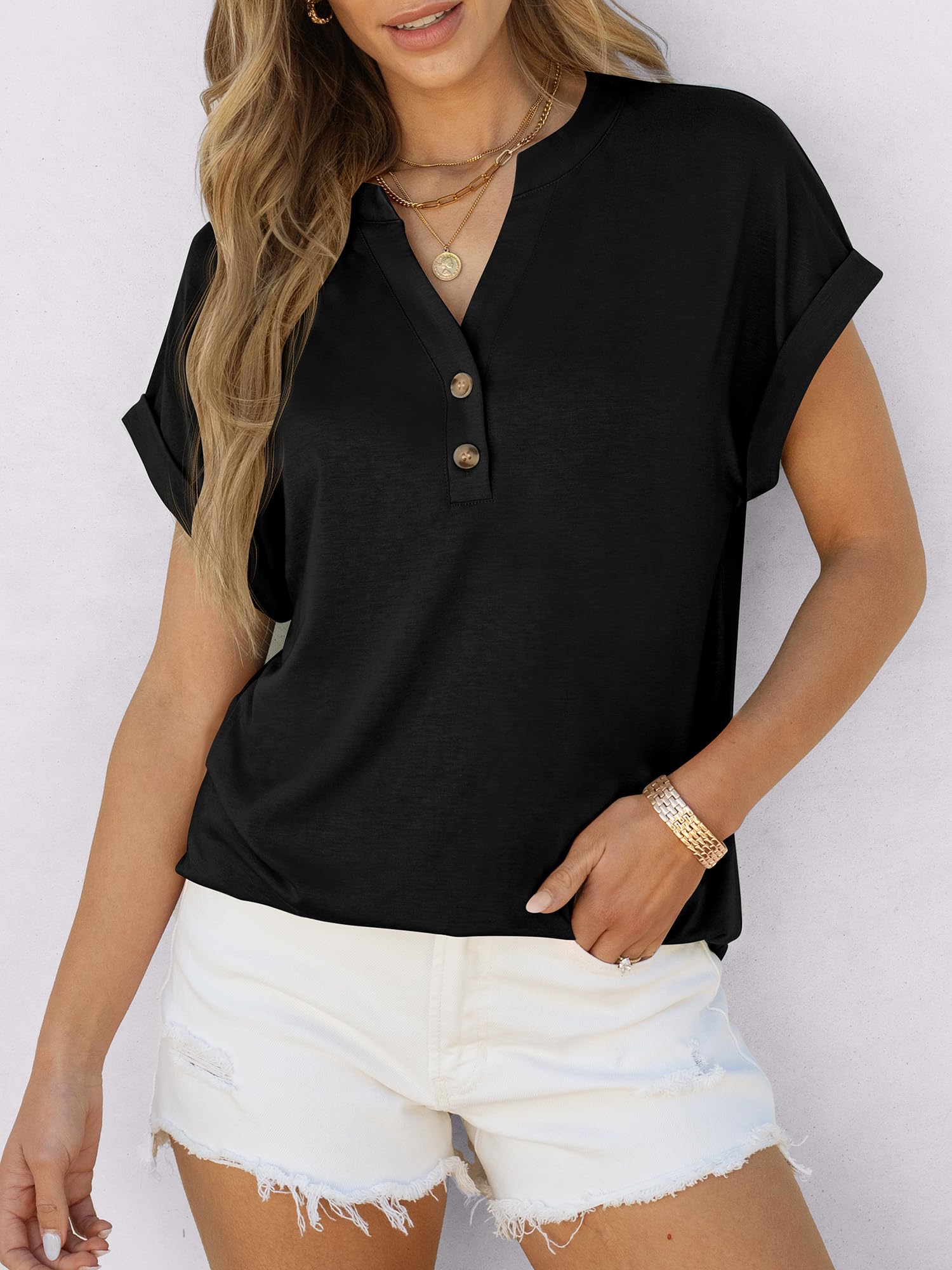 ANRABESS Womens Short Sleeve Henley Tops V Neck Dressy Casual Blouses Summer Trendy Tee Shirts 2025 Vacation Fashion Clothes Black XL