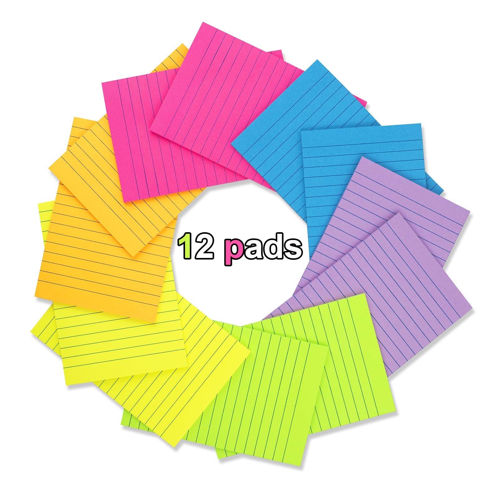 (12 Pack) Lined Sticky Notes 4x6 in Post Ruled Stickies Super Sticking Power Memo Pads Bright Colors