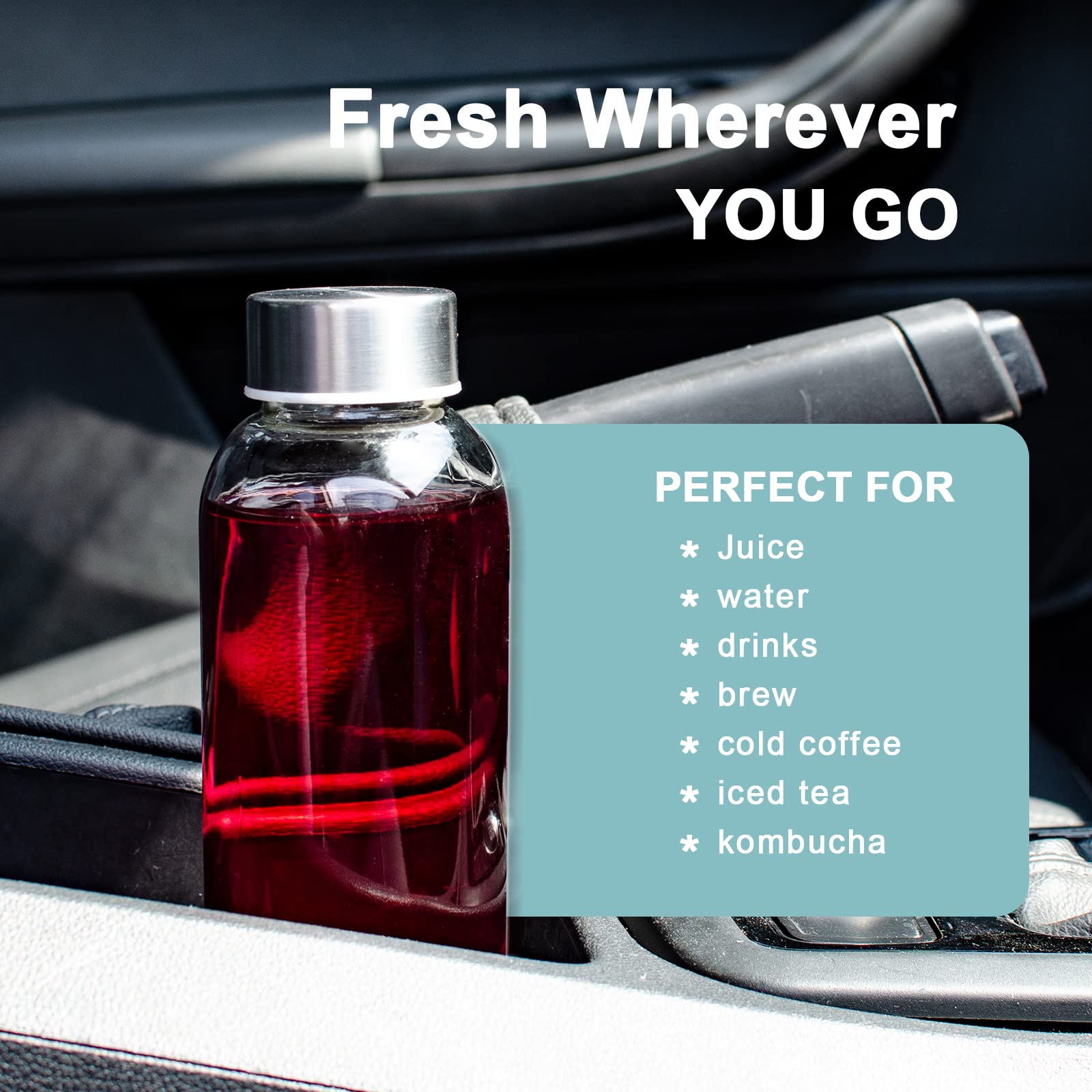 Luxfuel Clear Glass Bottles with Lids 18 oz, Reusable Glass Water Bottles with Stainless Steel Cap for Juicing, Refrigerator,100% Leak Proof, BPA Free, Juice Water Bottle Set of 6