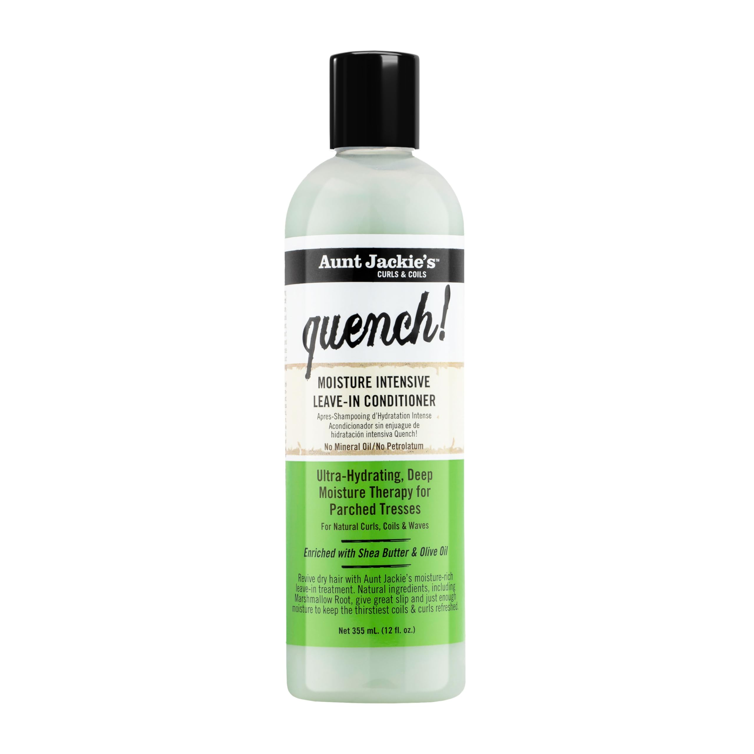 Aunt Jackie's Curls and Coils Quench Moisture Intensive Leave-In Hair Conditioner for Natural Curls, Coils and Waves, Enriched with Shea Butter, 12 oz