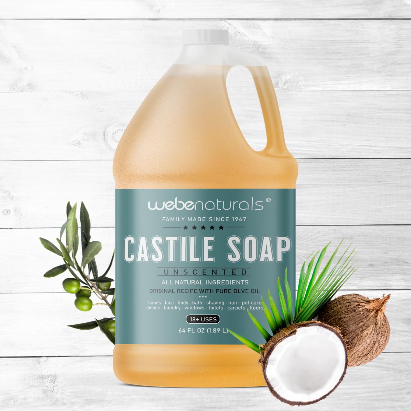 WEBE Pure Unscented Castile Liquid Soap Refill, 64 Ounce | Vegan & Gluten Free Non-GMO, For Face, Body Wash, Dishes, Pets & Laundry