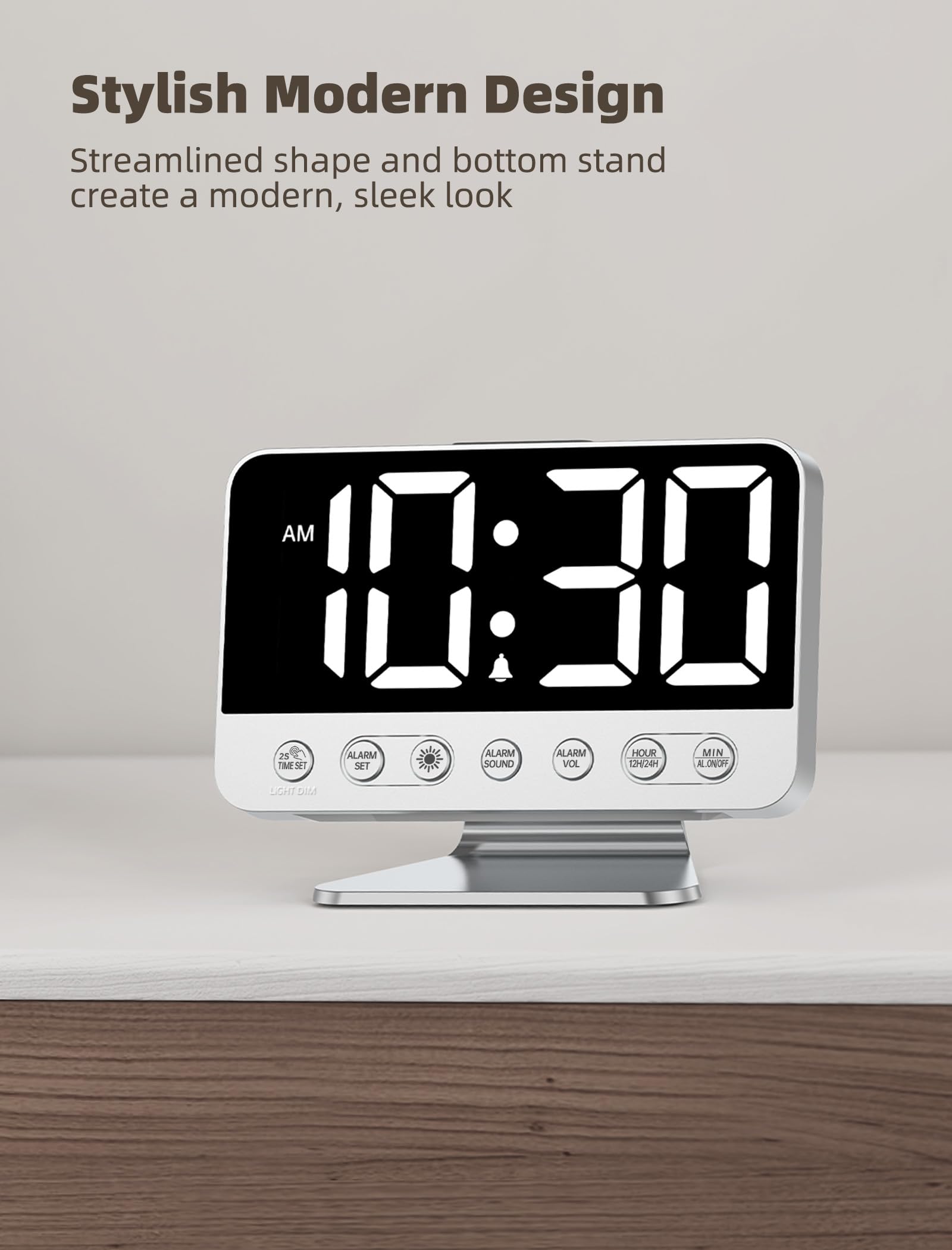 Odokee Digital Alarm Clocks for Bedrooms: Large Bold Number 5 Brightness Dimmer - Easy to Read Across The Room - 5 Alarm Sound 8 Night Light - Silver