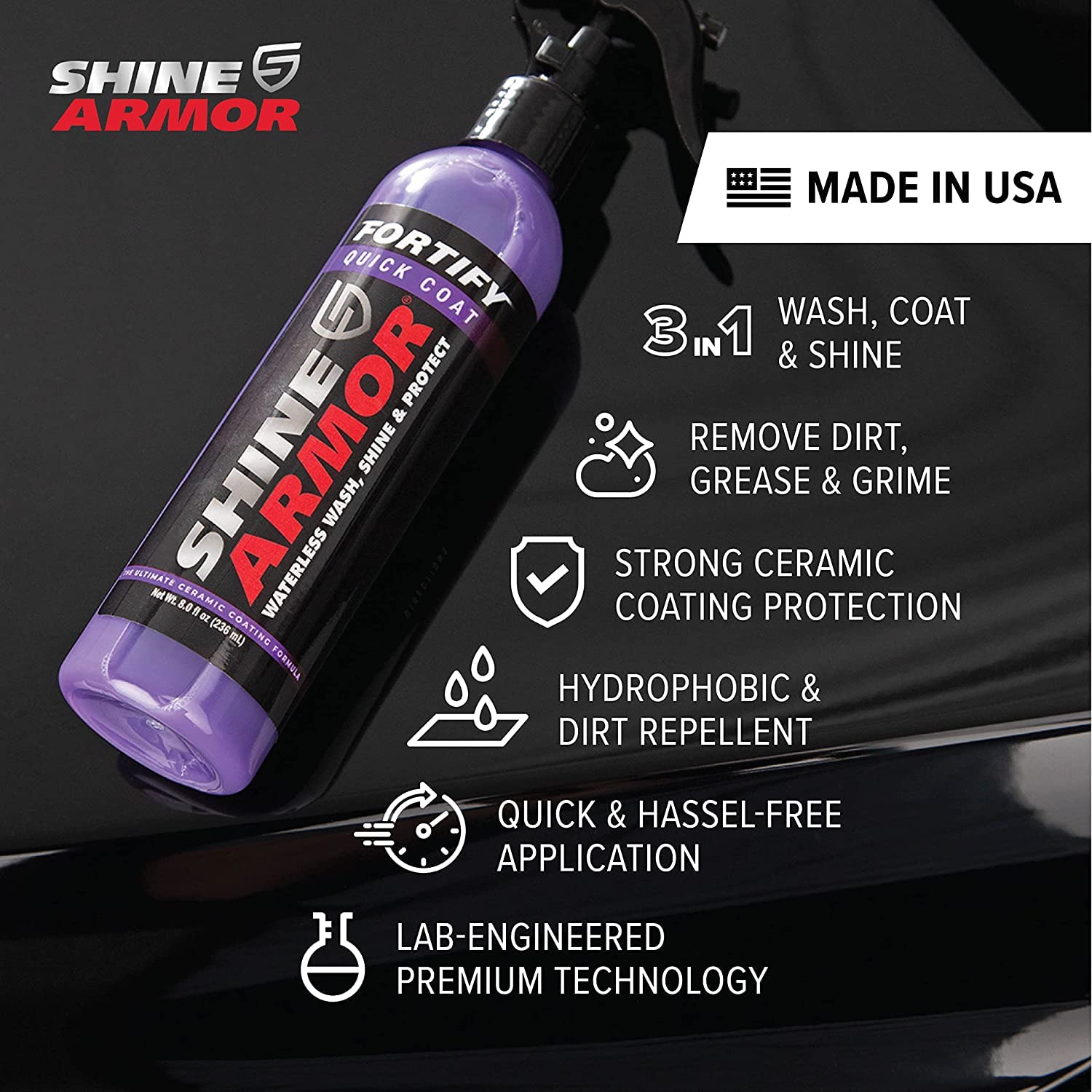 Ceramic Coating Top Coat for Cars Fortify Quick Car Wax Polish Spray Waterless Wash & Wax Hydrophobic Polish & Polymer Paint Sealant Detail Protection 16 Fl Oz by SHINE ARMOR