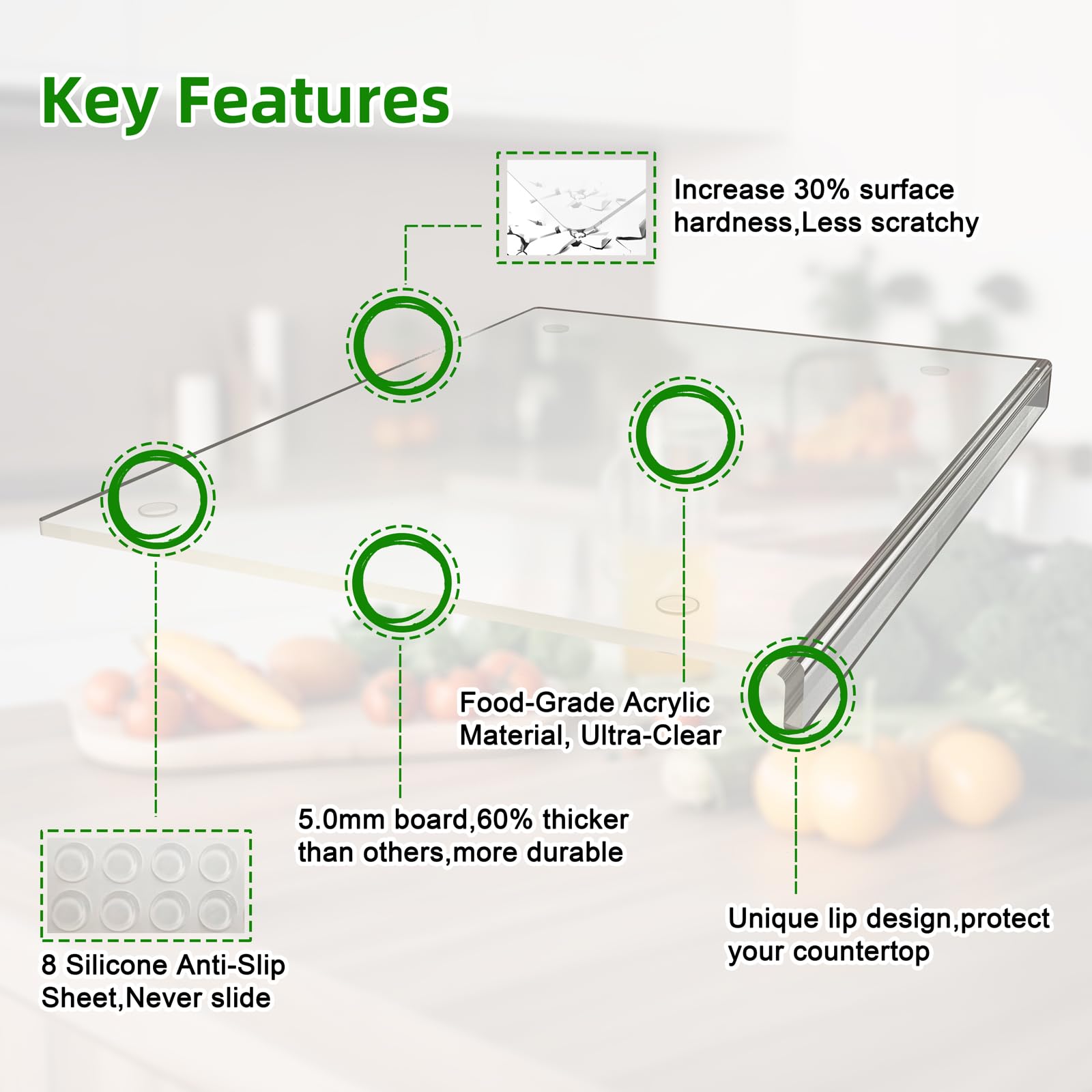 SWSKR Acrylic Cutting Board with Counter Lip,17.5"x13.5" Clear Cutting Board for Kitchen Countertop,Non-Slip,60% Thicker,Perfect for Bread,Meat,Veggies & More,Great Kitchen Essential Gadgets & Decor