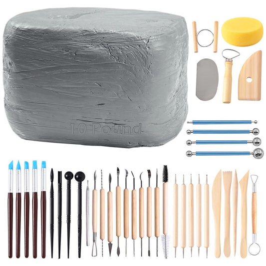 ReArt Natural Air-Dry Modeling Clay - 10LBs with 40 Pcs Pottery Sculpting Tool Set, All-Purpose Clay (Gray)