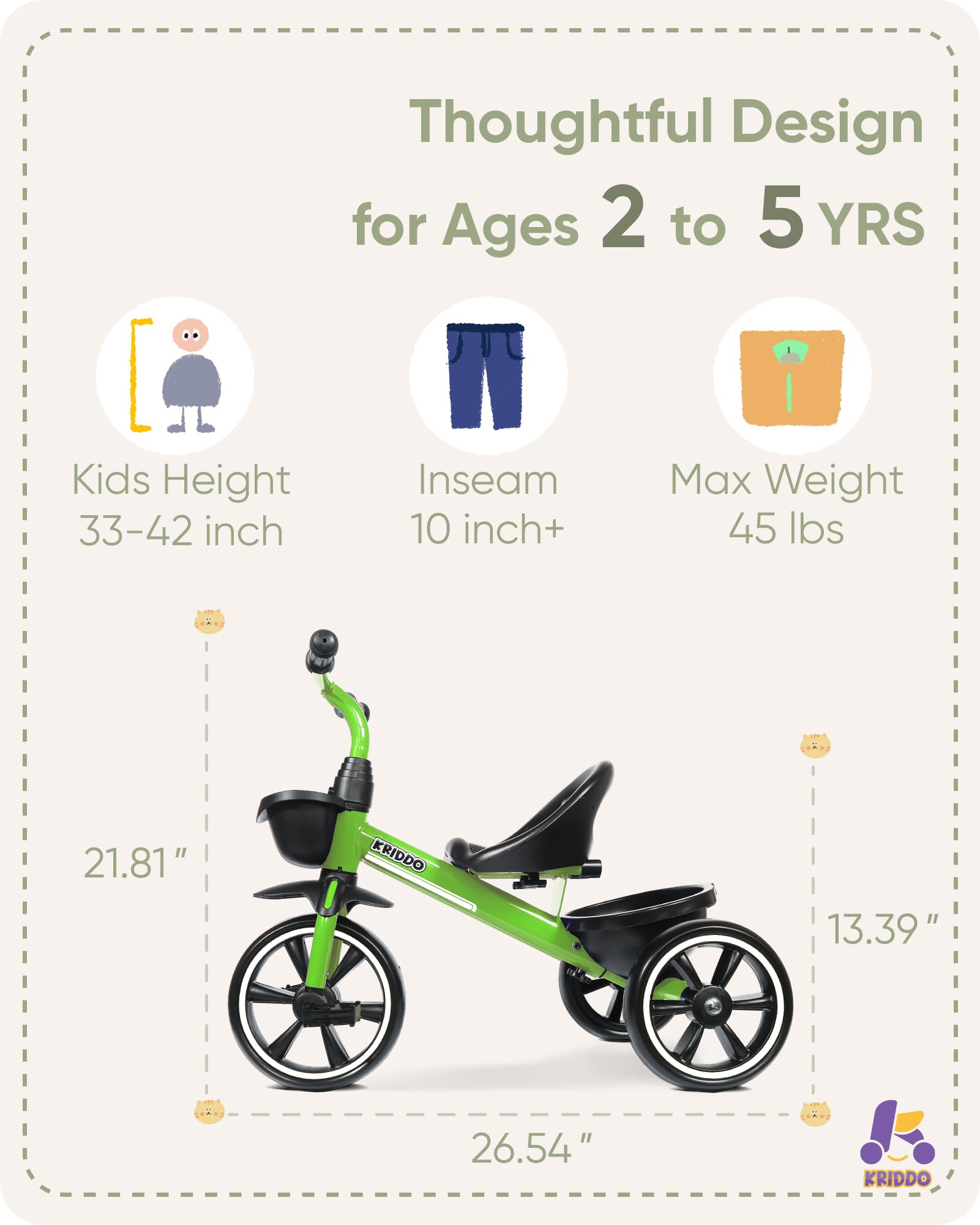 KRIDDO Tricycles Age 24 Month to 4 Years, Toddler Kids Trike for 2.5 to 5 Year Old, Gift for 2-4 Year Olds , Green