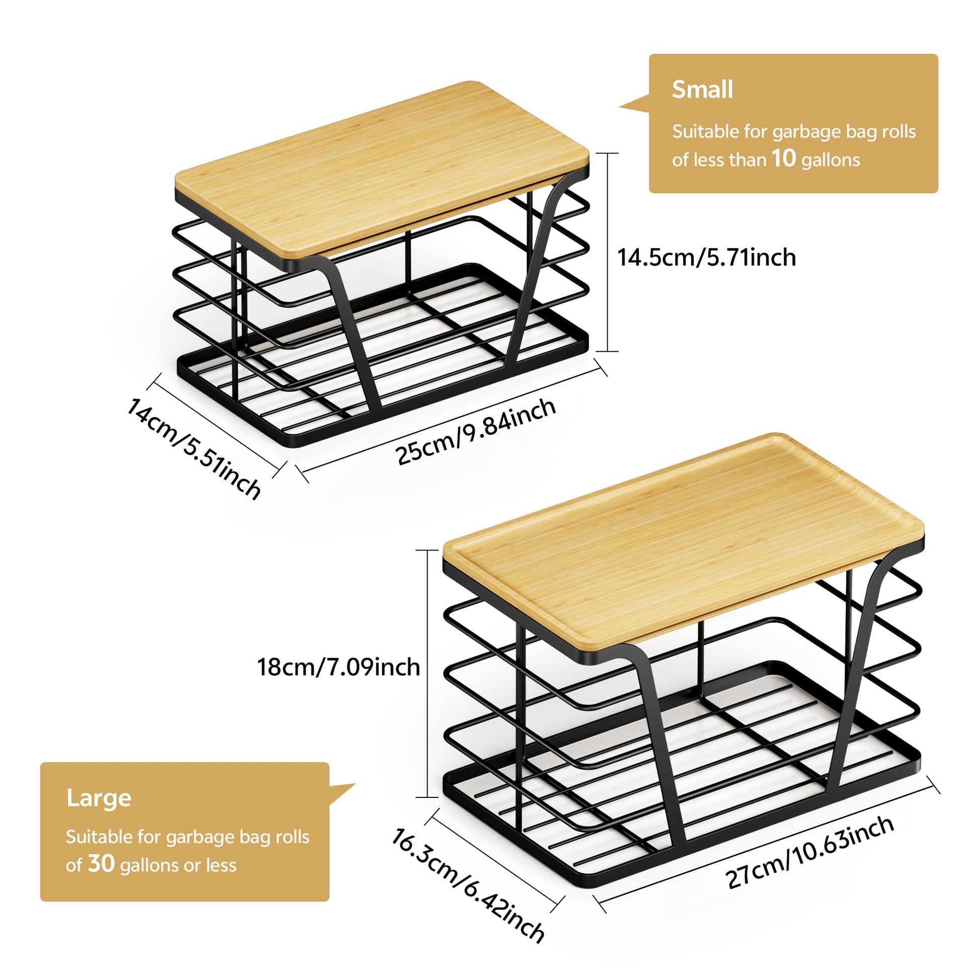 TIDIIABODE 2 Pack Stackable Storage Laundry Kitchen Organizers, Wall Mount Trash Bag Holder with Bamboo Top and Garbage Bag Dispenser No Drill