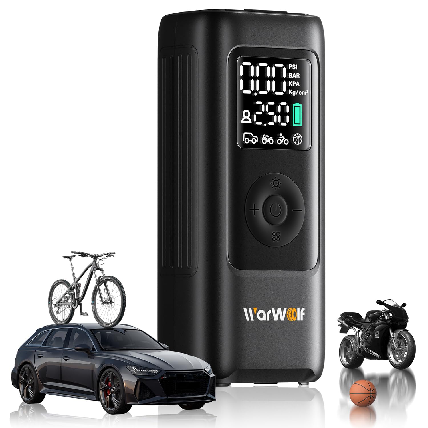 WARWOLF 160PSI Tire Inflator Portable Air Compressor - 48LPM Fast Air Pump for Car Tires: SUV, Light Truck, Motorcycle, Bike, 10000mAh with Auto Shut-Off, Digital Gauge, 12V Car Adapter, LED Light