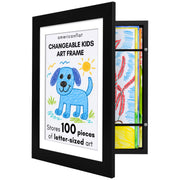 Kids Artwork Frame Changeable (Black) - Magnetic Door Holds 100 Art Pieces - 8.5x11 Letter Size Display with Mat or 10x12.5 Without Mat - My Mini Masterpiece
