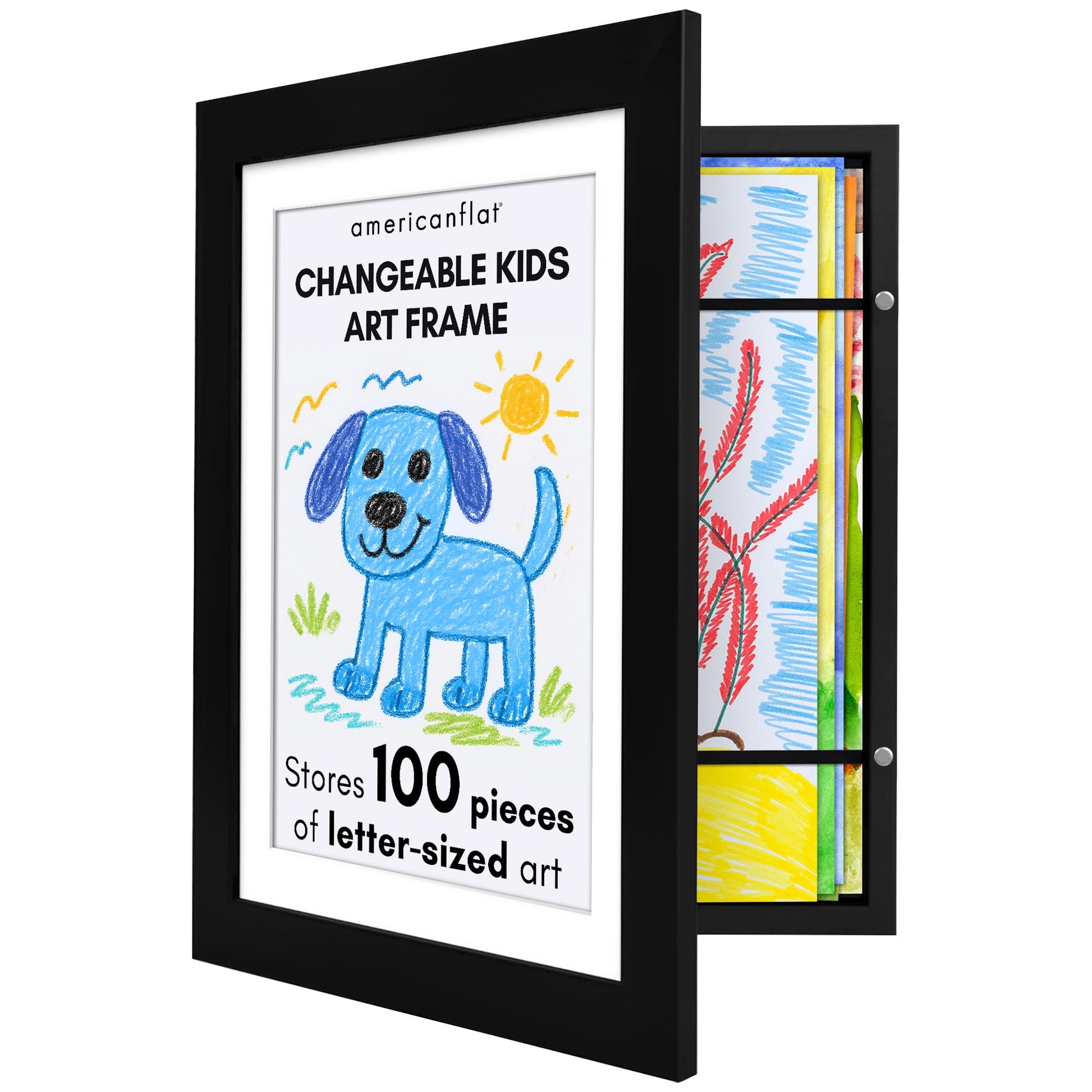 Kids Artwork Frame Changeable (Black) - Magnetic Door Holds 100 Art Pieces - 8.5x11 Letter Size Display with Mat or 10x12.5 Without Mat - My Mini Masterpiece
