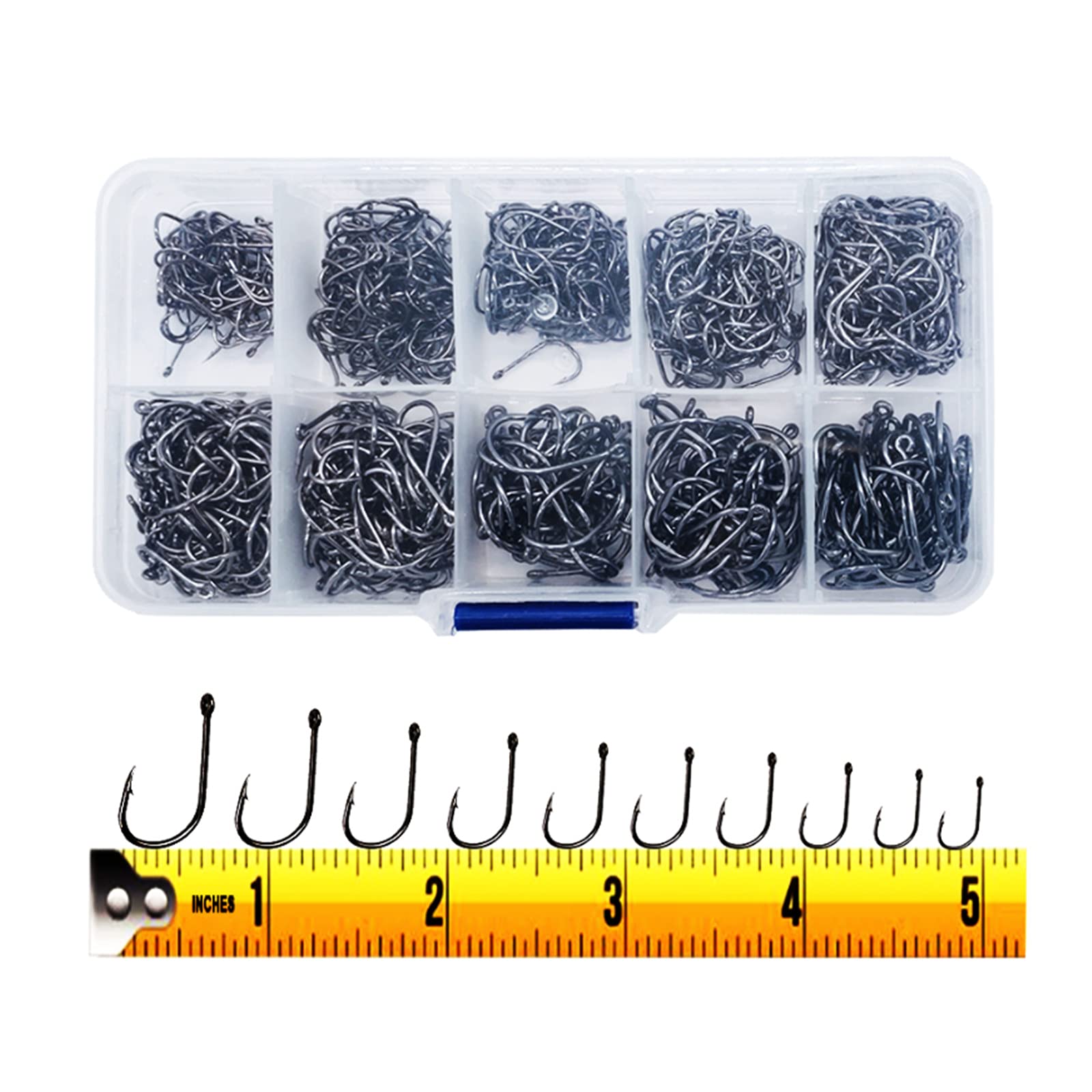 300PCS Kleine Angelhaken mit Widerhaken aus High-Carbon-Stahl mit Öhr, 10 Spezifikationen Angelhaken, tragbare Angelhaken in Box, leistungsstarke Haken, die sich an verschiedene Angelumgebungen anpassen können