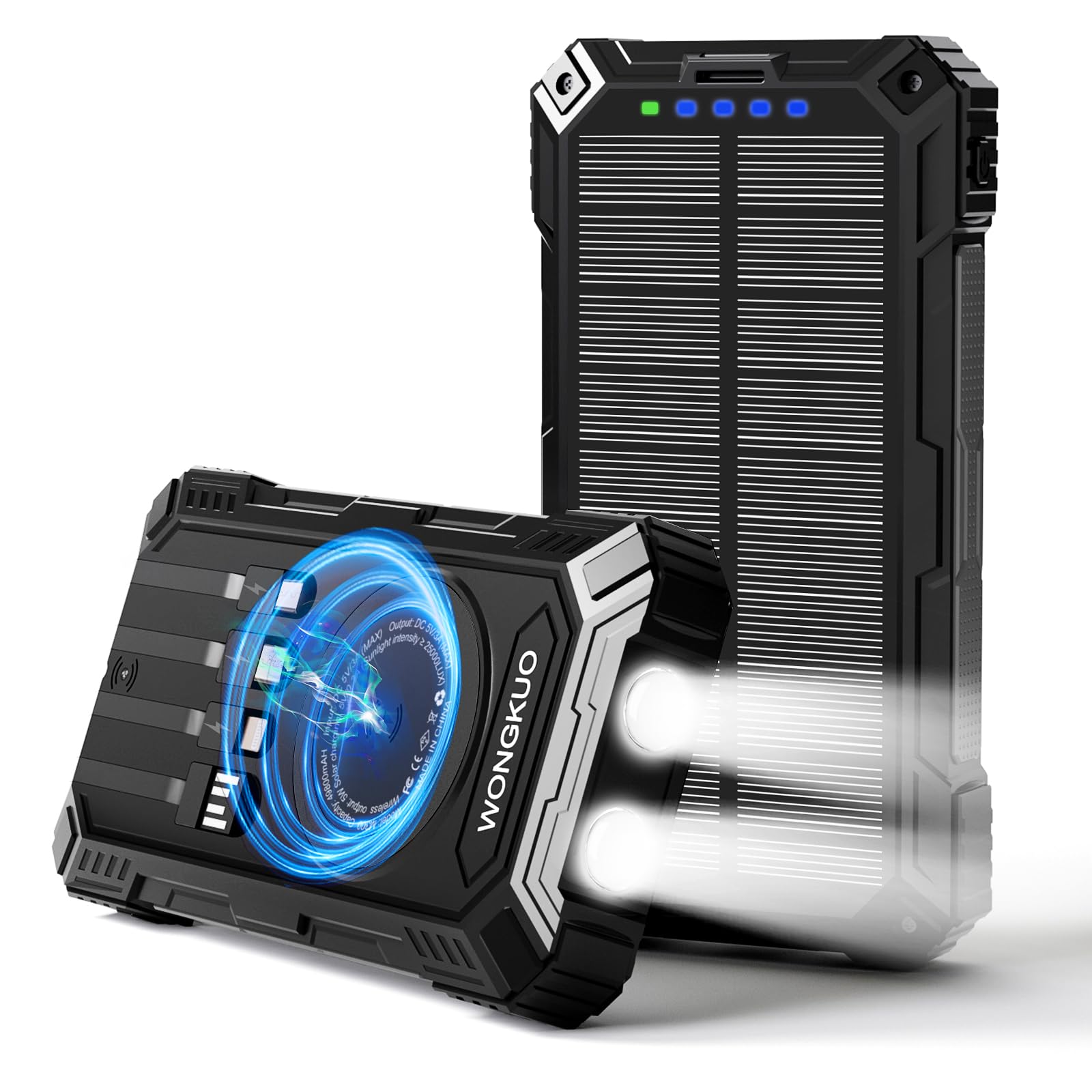 WONGKUO Solar Charger Power Bank - 49800mAh Solar Phone Charger with USB-C in/Output, QC 3.0 Fast Charging with LED Flashlight, Portable Power Bank Built-in 4 Cables, IP65 Waterproof Fits for Outdoor