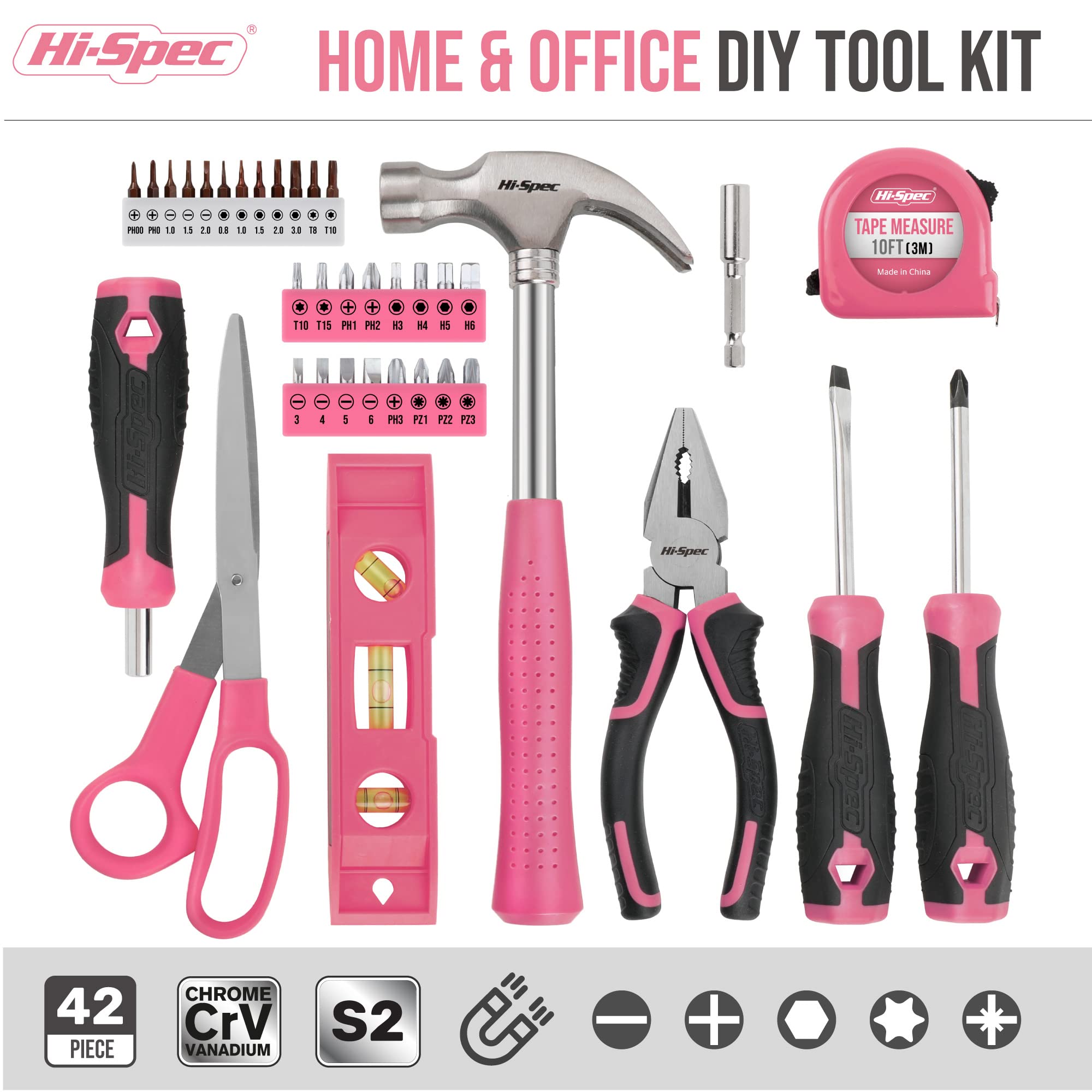 Hi-Spec 42pc Pink Household DIY Tool Set for Women. Home, Office and College Dorm Small Tool Kit of Starter Basic Ladies Tools