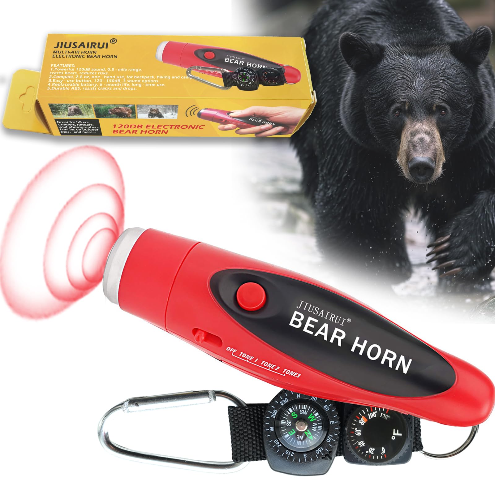 JIUSAIRUI 120dB Electronic Air Horn with Compass & Thermometer- Bear Horn to Scare Bears - Self Defense for Hiking