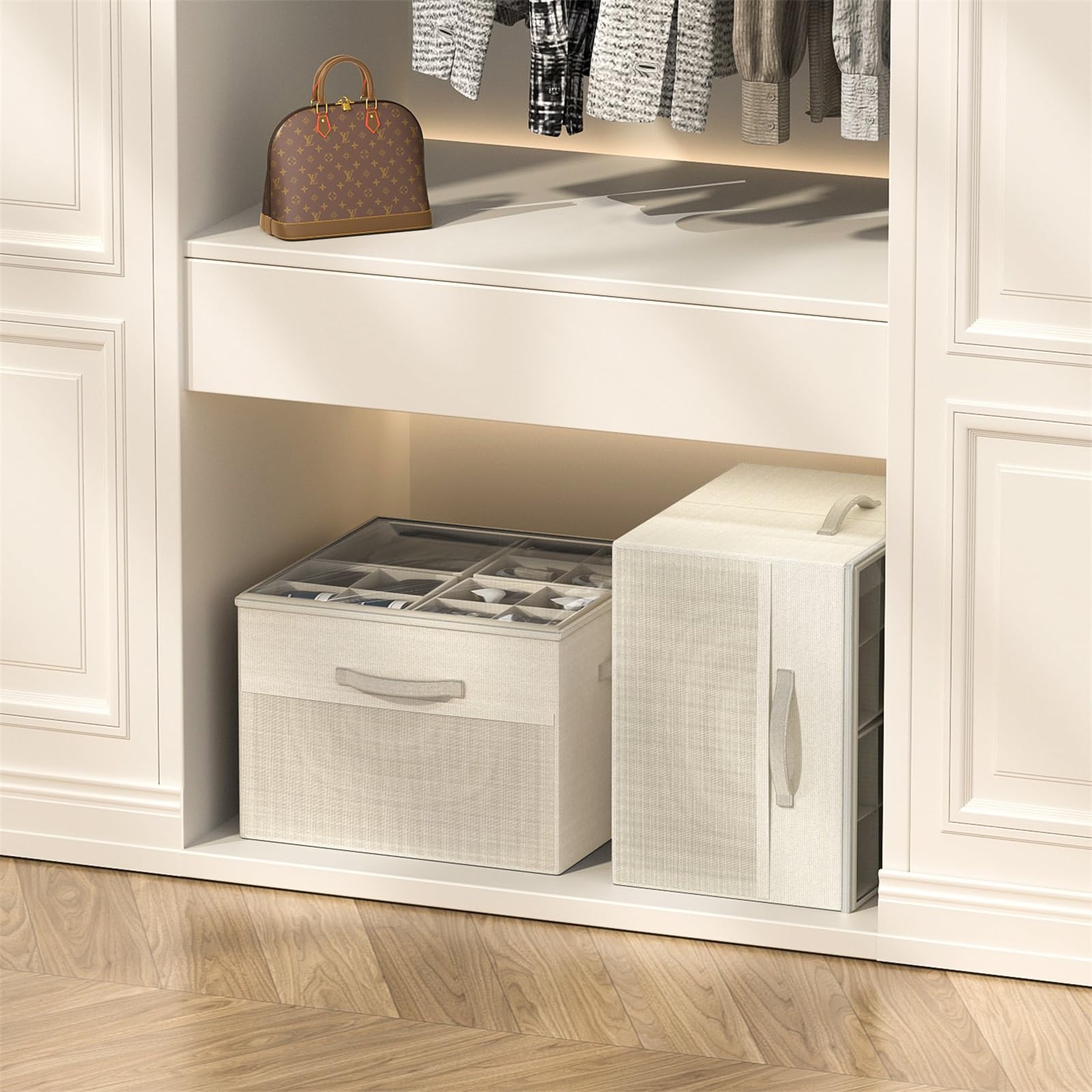 Aokeyee Shoe Organizer for Closet,2 Pack Foldable Shoe Storage Organizer Box Bin with Adjustable Dividers and Clear Cover, Fits up to 16-32 Pairs