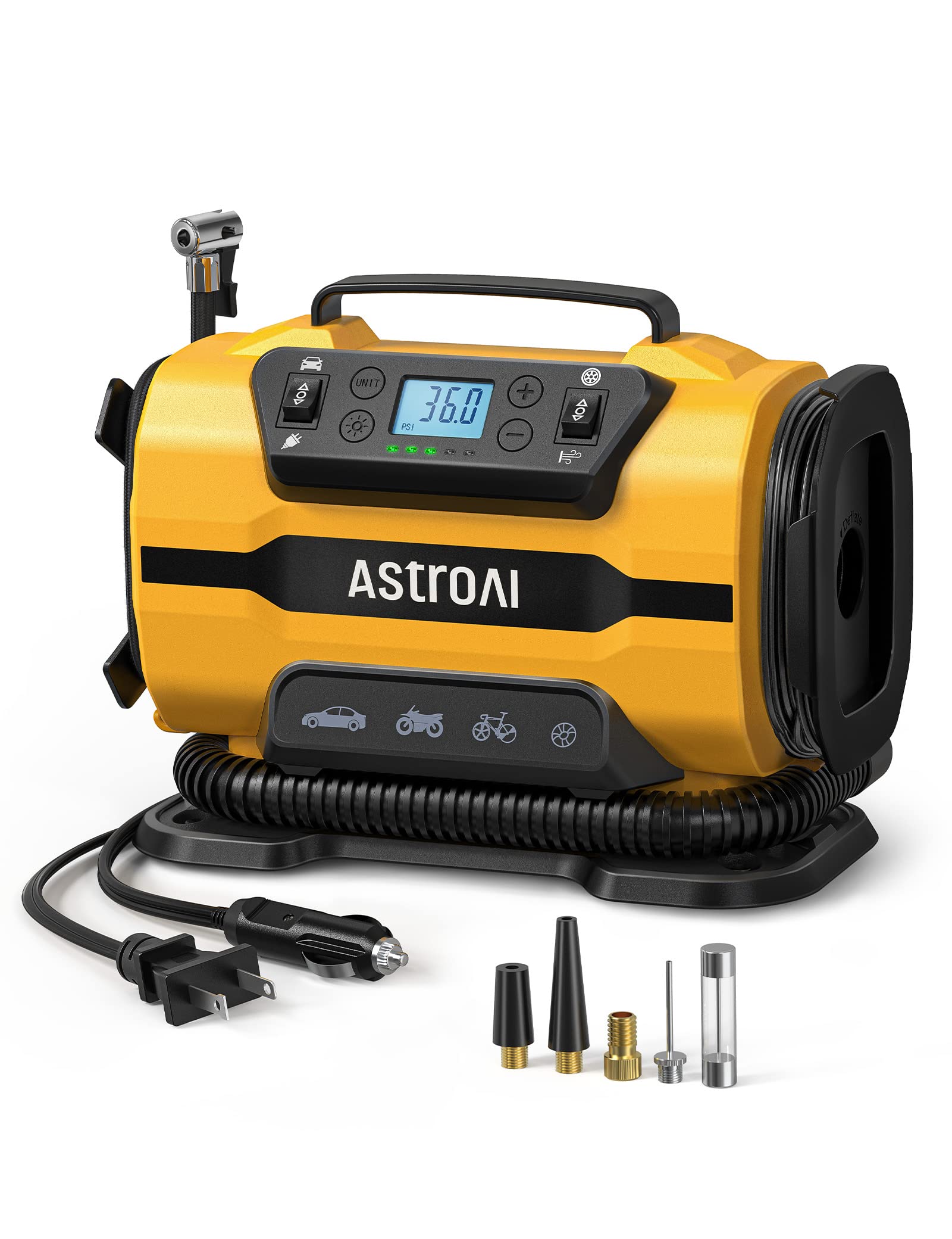 AstroAI Tire Inflator Portable Air Compressor Pump 150PSI 12V DC/110V AC with Dual Metal Motors &LED Light, Automotive Car Accessories&Two Modes for Car, Bicycle Tires and Air Mattresses, Yellow