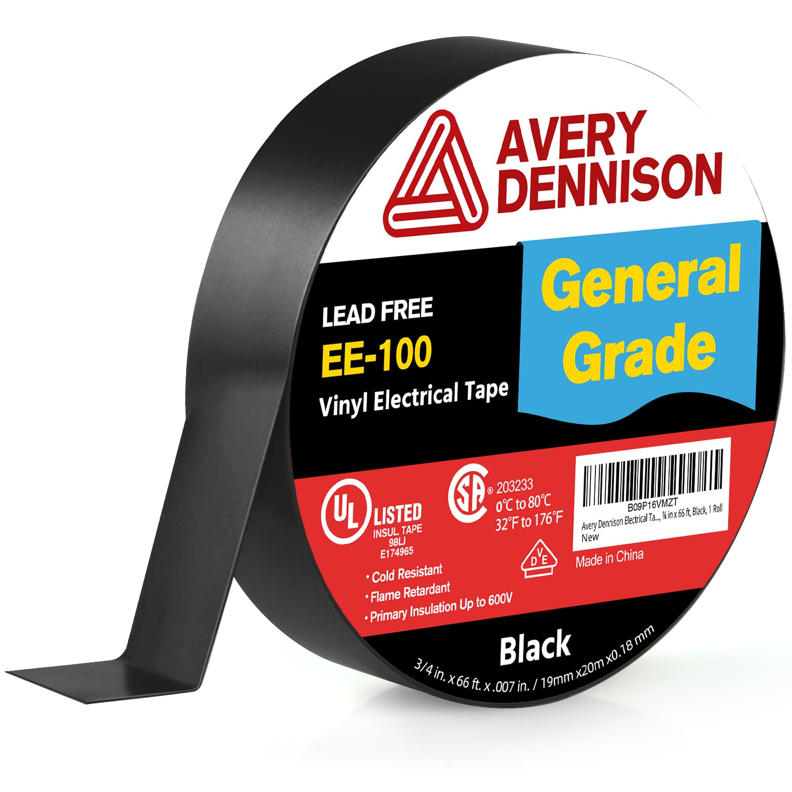 Avery Dennison Electrical Tape, General Use PVC Electric Tape, UL/CSA Listed Insulating Vinyl Tape for Electrical, Repairs, Automotive and Equipment, EE-100, 3/4 in x 66 ft, Black, 1 Roll