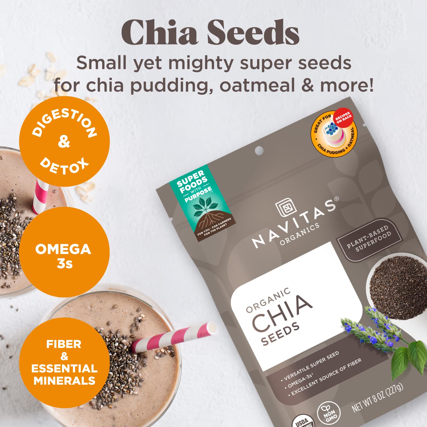 Navitas Organics Chia Seeds – For Chia Pudding, Smoothies, Baking, Salads & More – Omega 3, Fiber, Minerals - USDA Organic, Non GMO, Kosher, Gluten Free, Keto (8oz. Bag, 8 Servings)