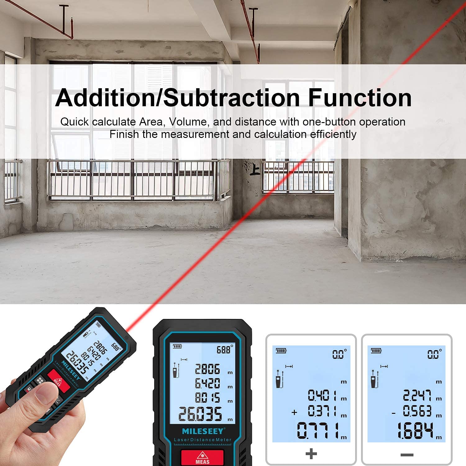 Laser Measure Device, MiLESEEY 229ft Digital Laser Tape Measure with Upgrade Electronic Angle Sensor, 2mm Accuracy, Area Measurement,Volume and Pythagoras, 2" LCD Backlit,Mute, Battery Included