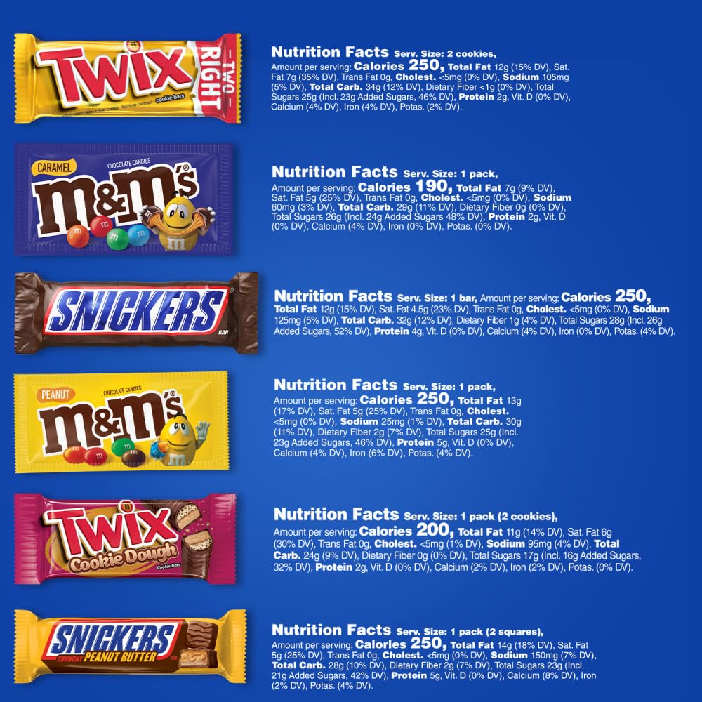Mars M&M'S Peanut, M&M'S Caramel, SNICKERS Original, SNICKERS Peanut Butter Squared, TWIX Original and TWIX Cookie Dough Variety Pack Full Size Individually Wrapped Milk Chocolate Candy Bars, 18 Ct