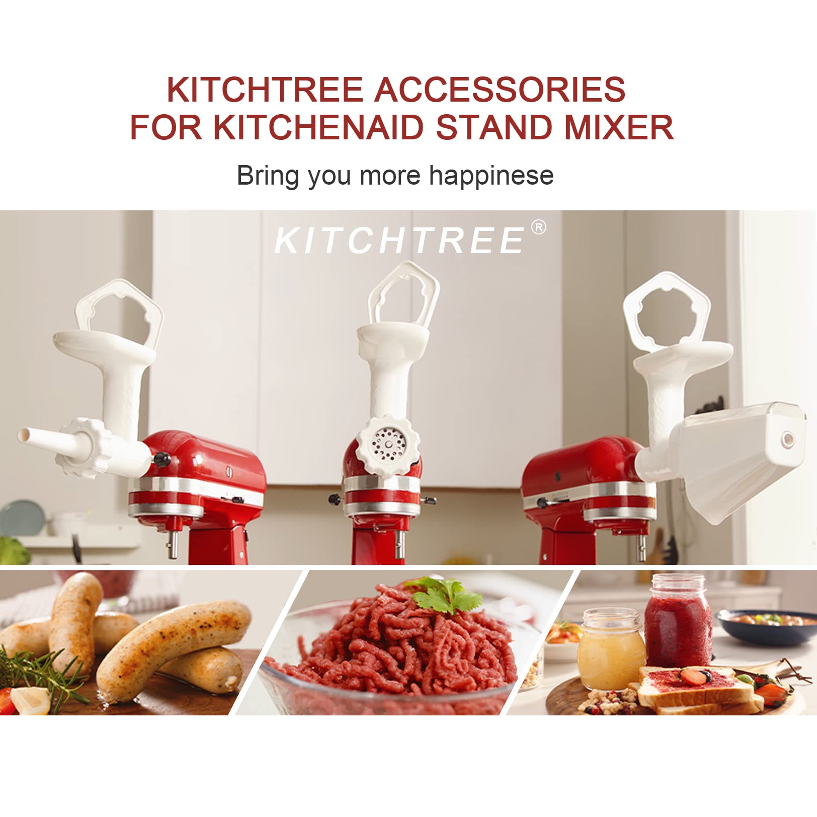 KITCHTREE Fruit & Vegetable Strainer Attachment Set for KitchenAid - Includes Food Grinder Attachment and Sausage Stuffer Tubes, Compatible with KitchenAid Stand Mixers