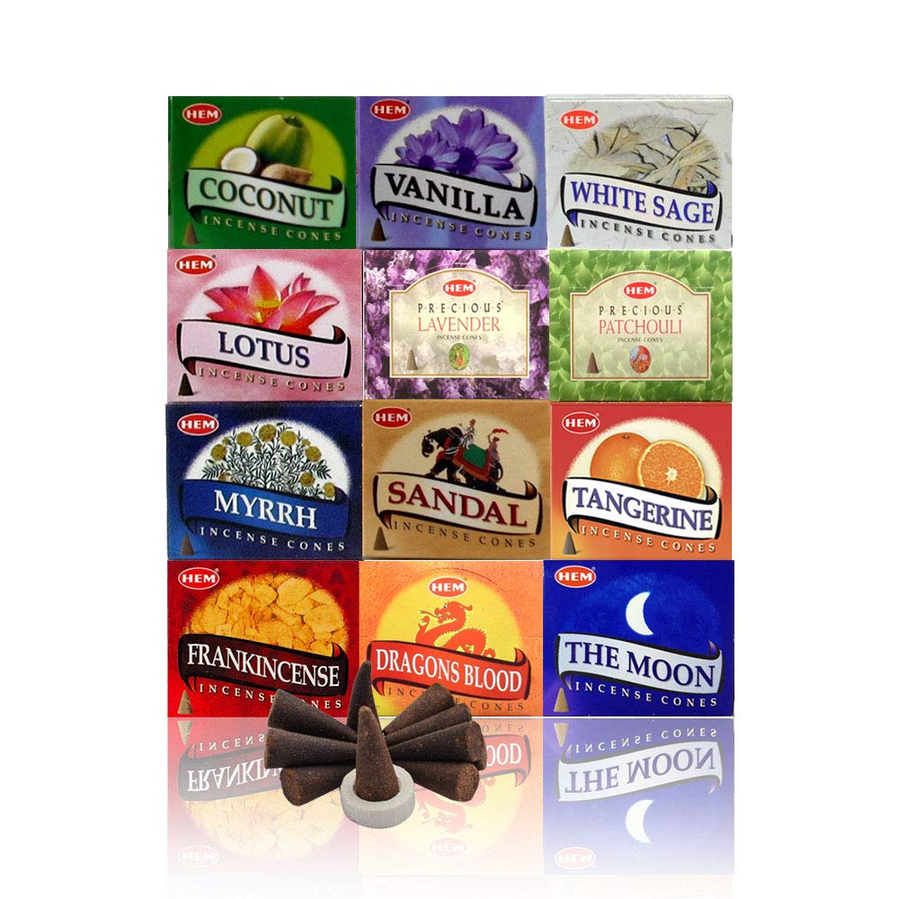 HEM Assorted Incense Cones - Pack of 12 Scents (10 Cones Each, 120 Total) - Natural Aromatherapy Fragrance for Meditation, Relaxation, Yoga, and Home Use