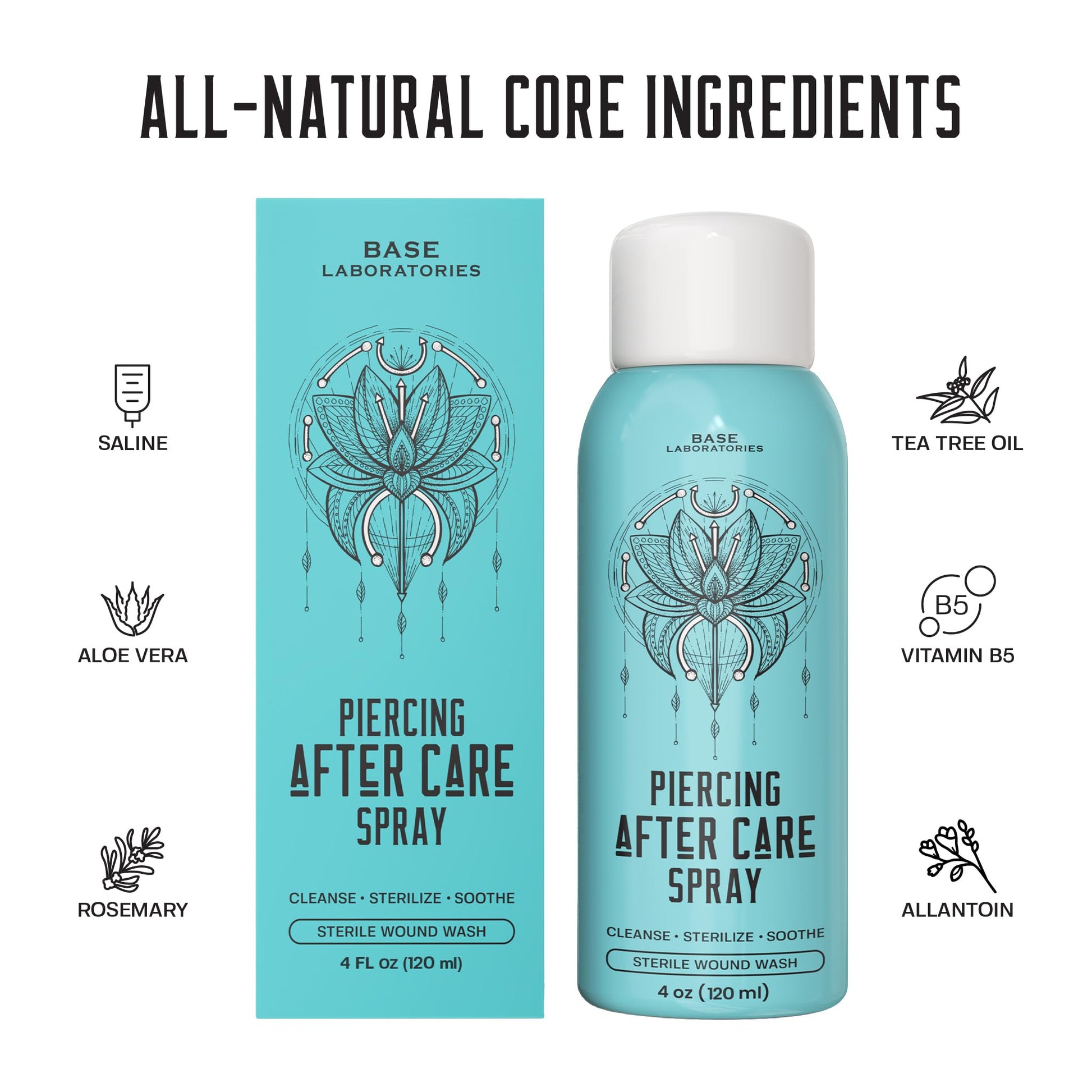 BASE LABORATORIES Piercing Aftercare Spray 4oz | Saline Spray for Piercings | Ear Piercing Cleaner Spray | Saline Solution for Piercings | Piercing & Keloid Bump Removal for Ears, Belly Nose Piercings